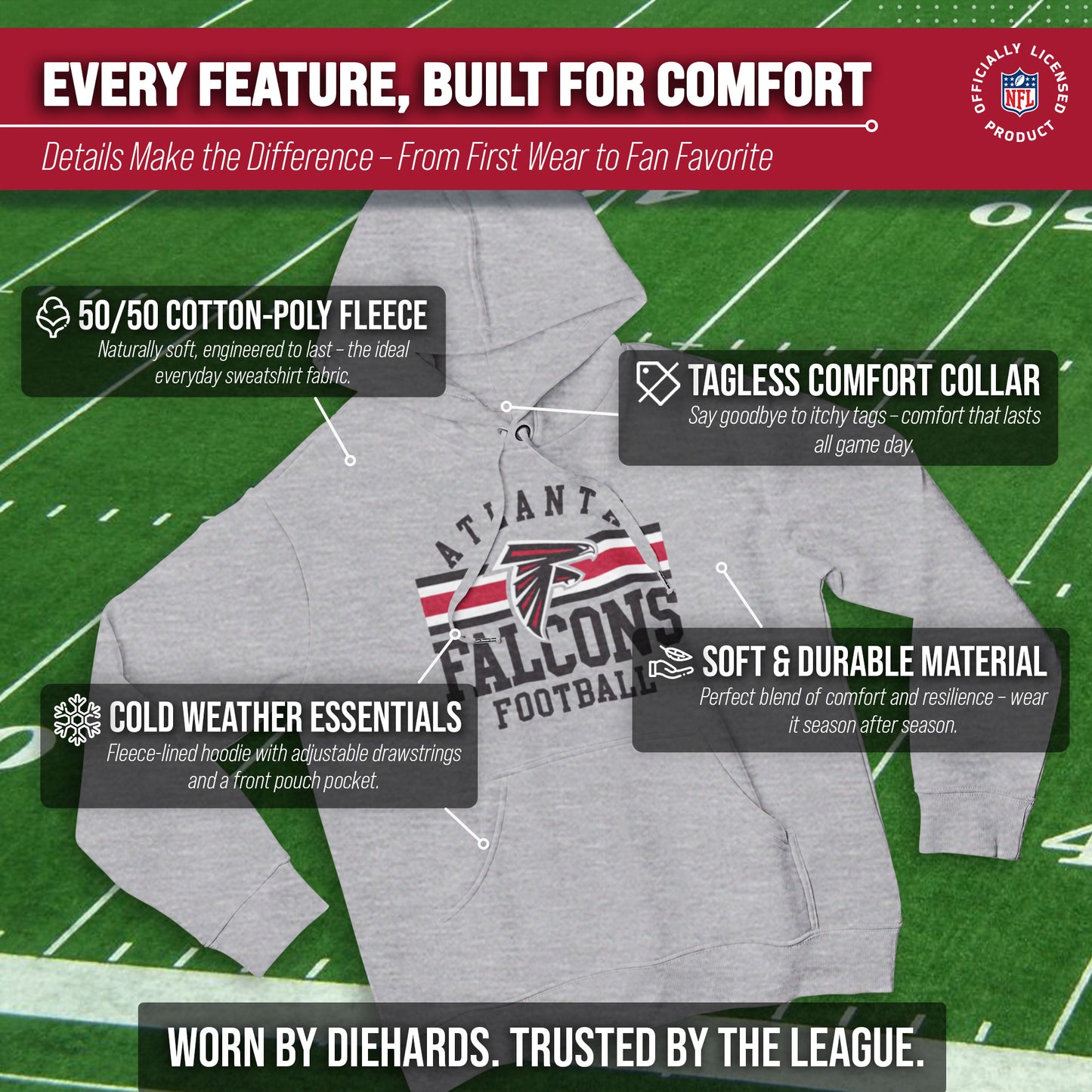 Atlanta Falcons NFL Team Stripe Hooded Sweatshirt- Soft Pullover Sports Hoodie For Men & Women - Sport Gray