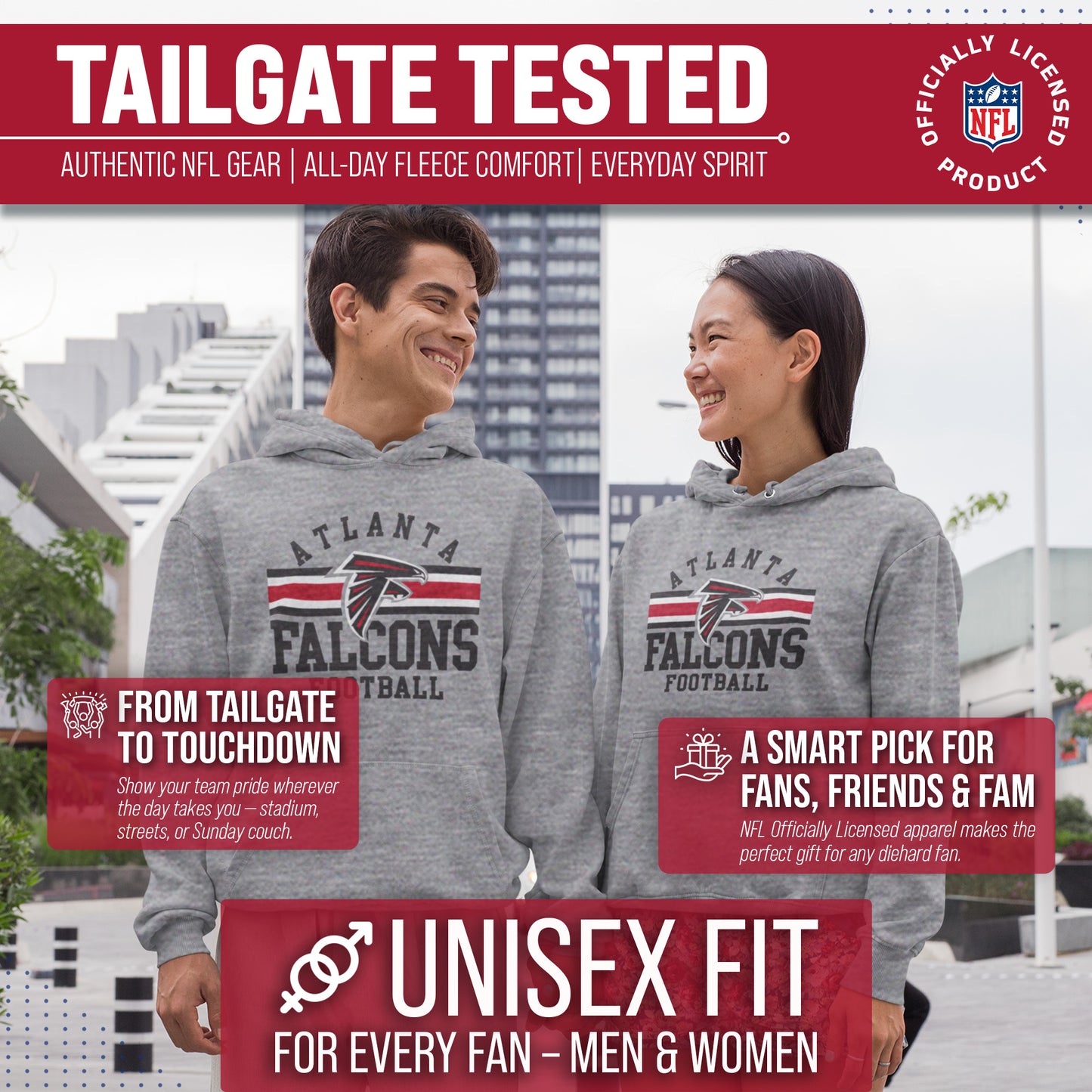 Atlanta Falcons NFL Team Stripe Hooded Sweatshirt- Soft Pullover Sports Hoodie For Men & Women - Sport Gray
