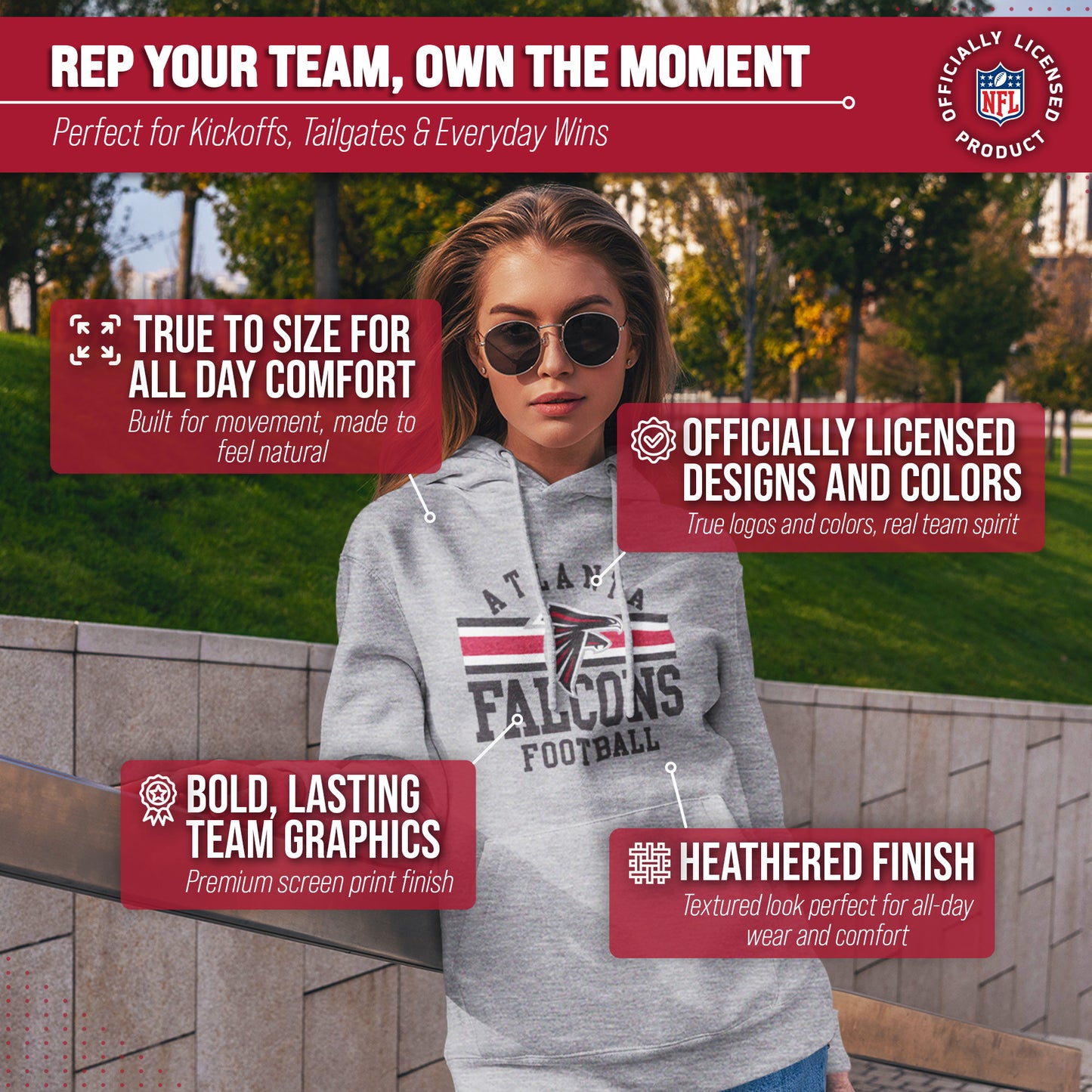 Atlanta Falcons NFL Team Stripe Hooded Sweatshirt- Soft Pullover Sports Hoodie For Men & Women - Sport Gray