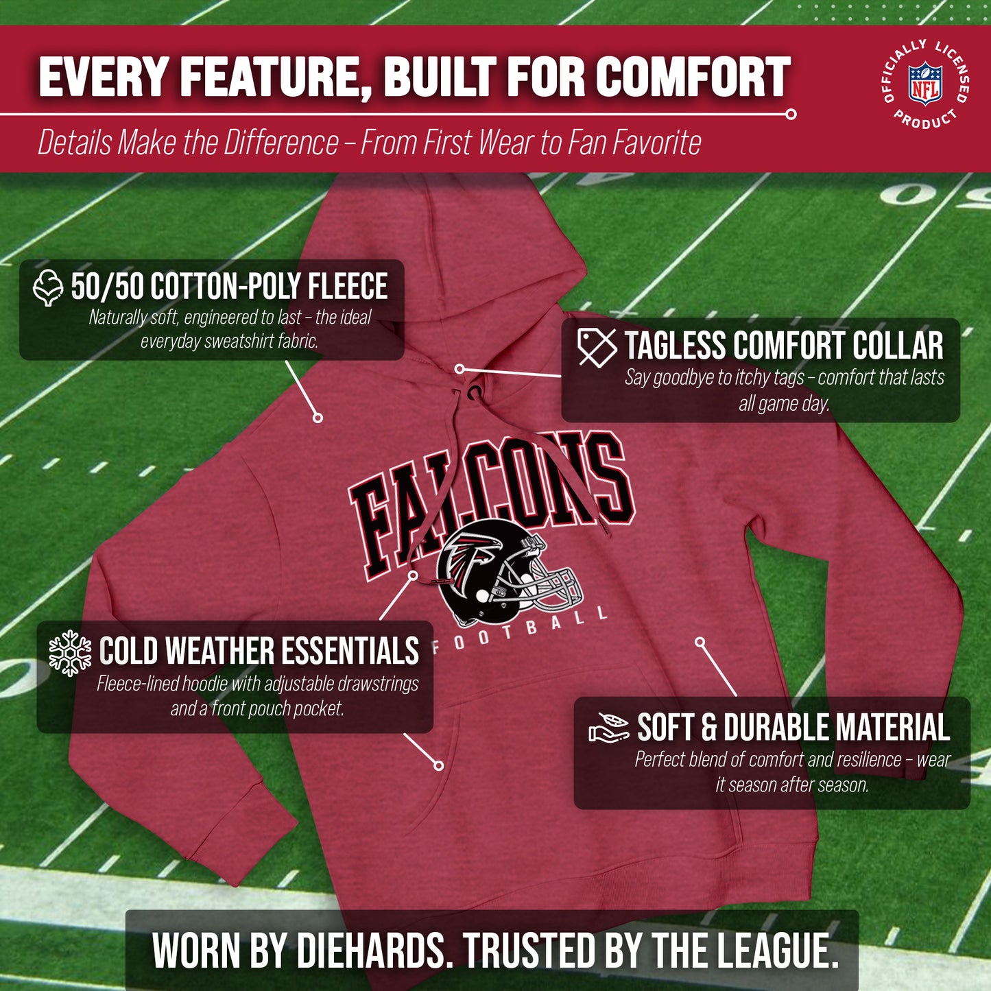 Atlanta Falcons NFL Adult Unisex All Star Soft Fleece Hooded Sweatshirt - Red Heather