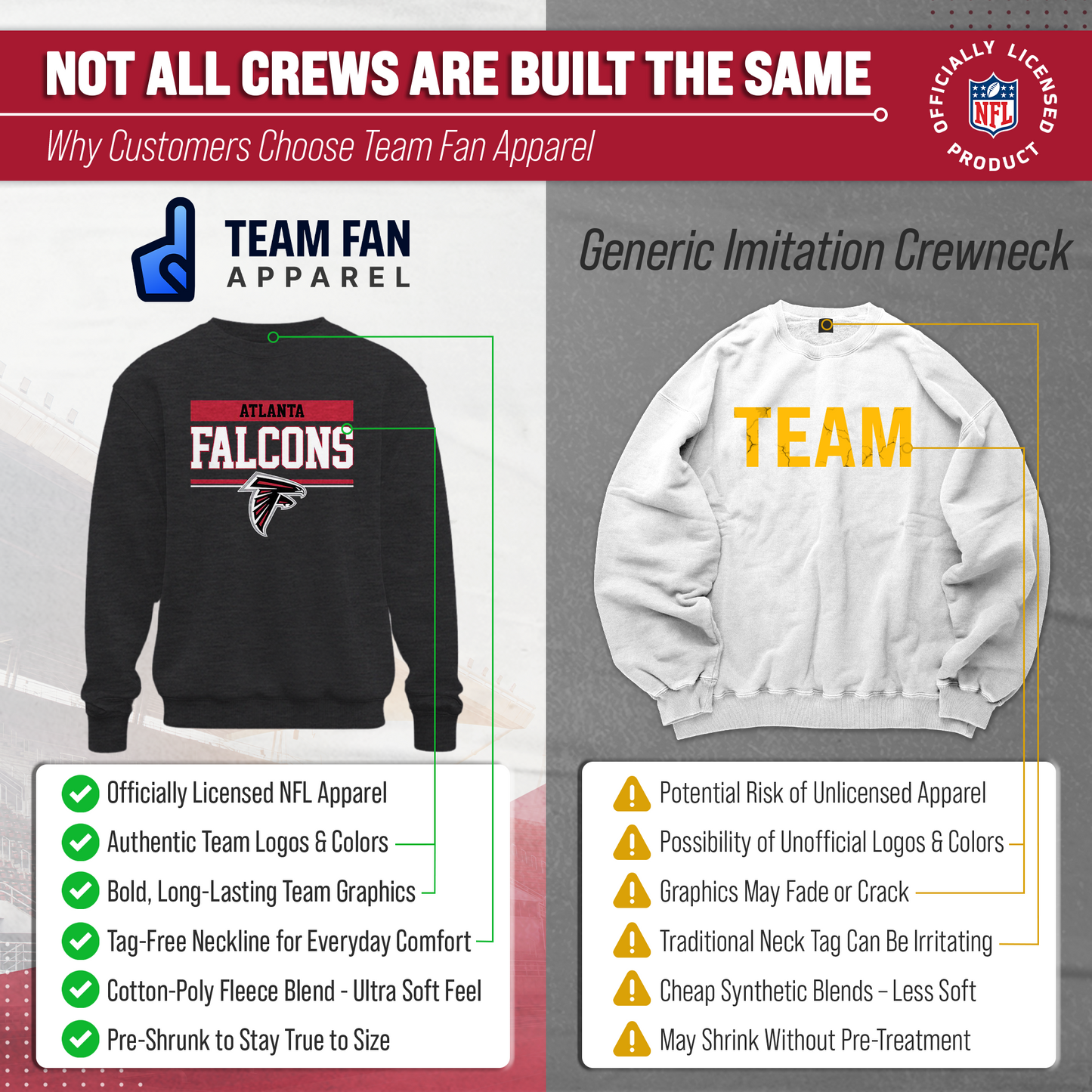 Atlanta Falcons NFL Adult Long Sleeve Team Block Charcoal Crewneck Sweatshirt - Charcoal