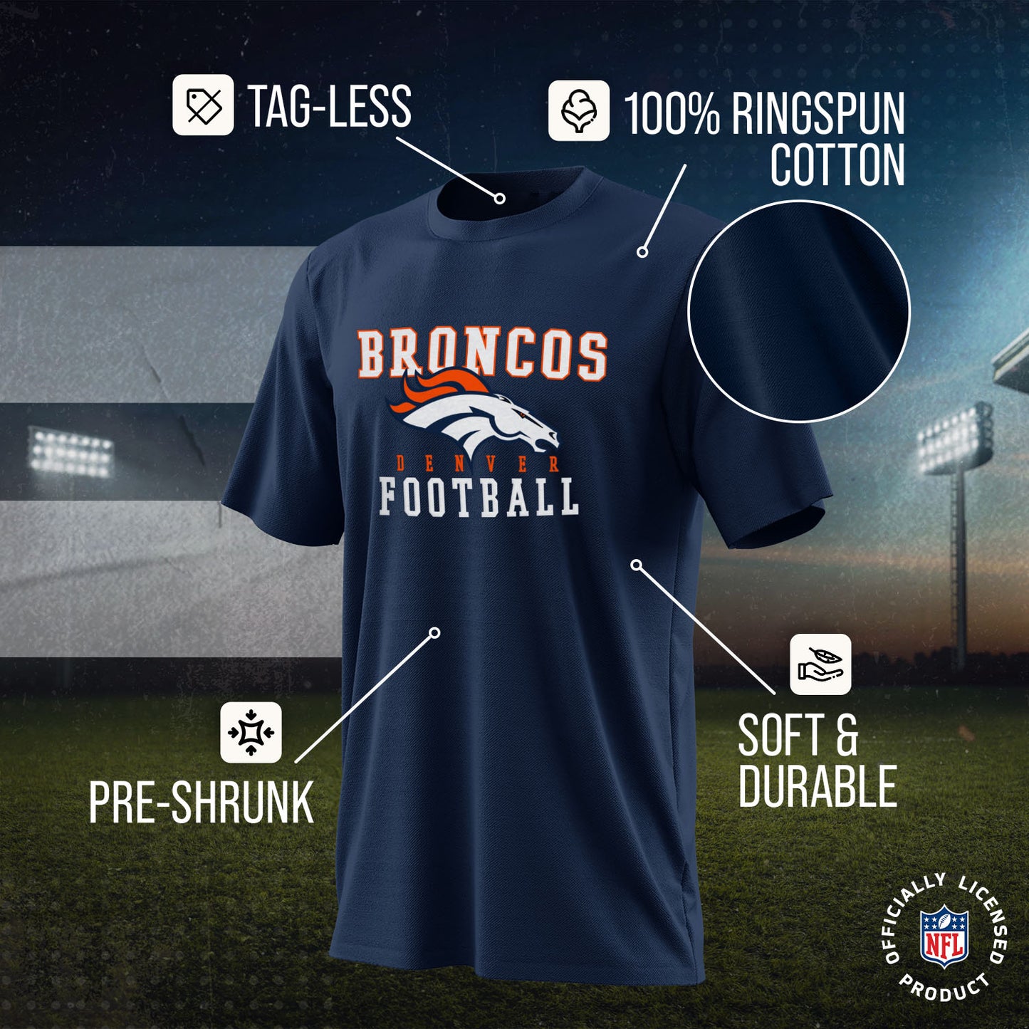 Denver Broncos NFL Core Fan Adult Pro Football T-Shirt - Navy