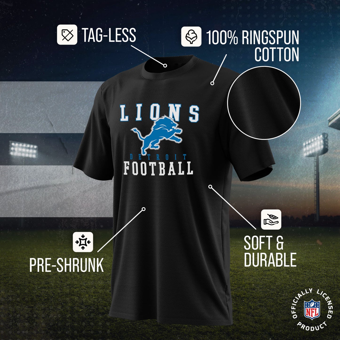 Detroit Lions NFL Core Fan Adult Pro Football T-Shirt - Black