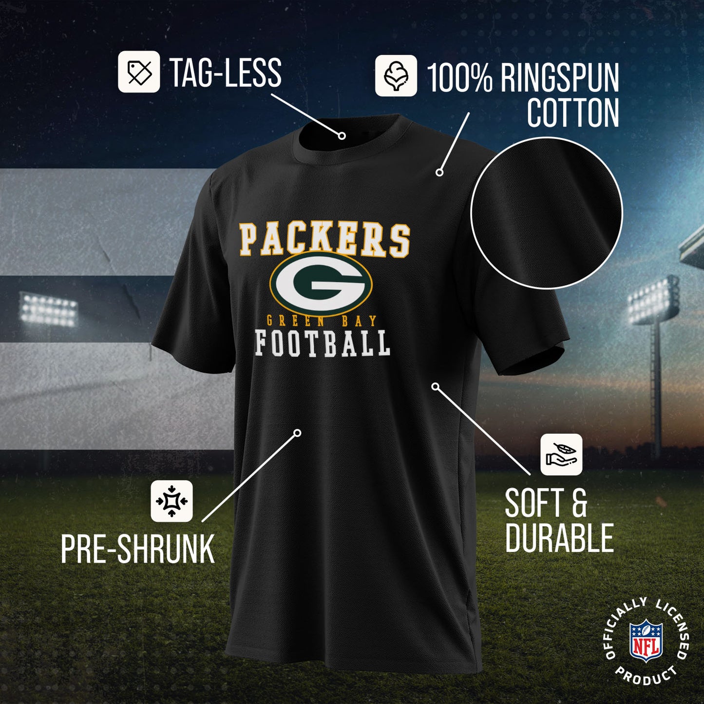 Green Bay Packers NFL Core Fan Adult Pro Football T-Shirt - Black