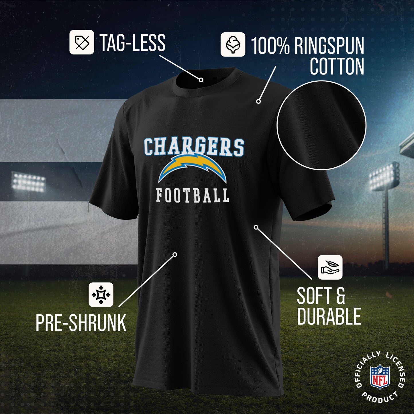 Los Angeles Chargers NFL Core Fan Adult Pro Football T-Shirt - Black