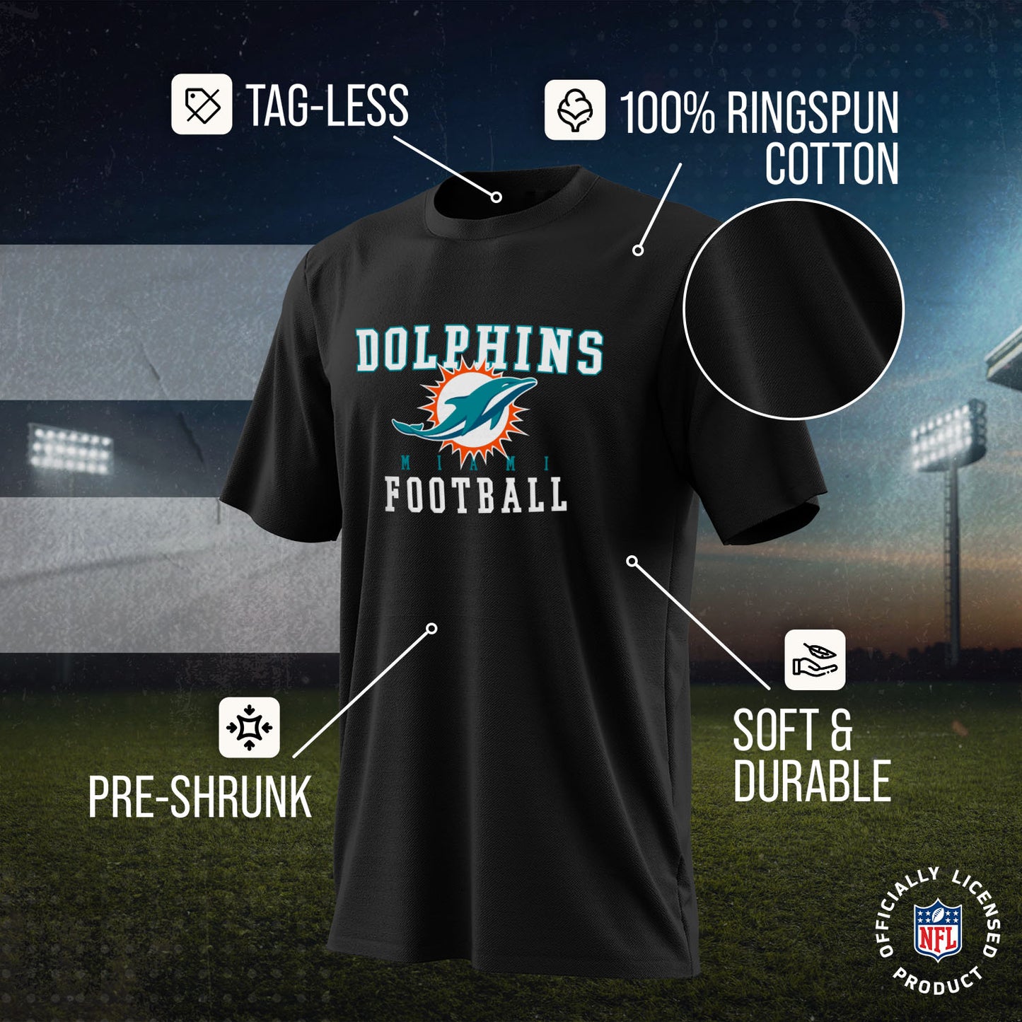 Miami Dolphins NFL Core Fan Adult Pro Football T-Shirt - Black