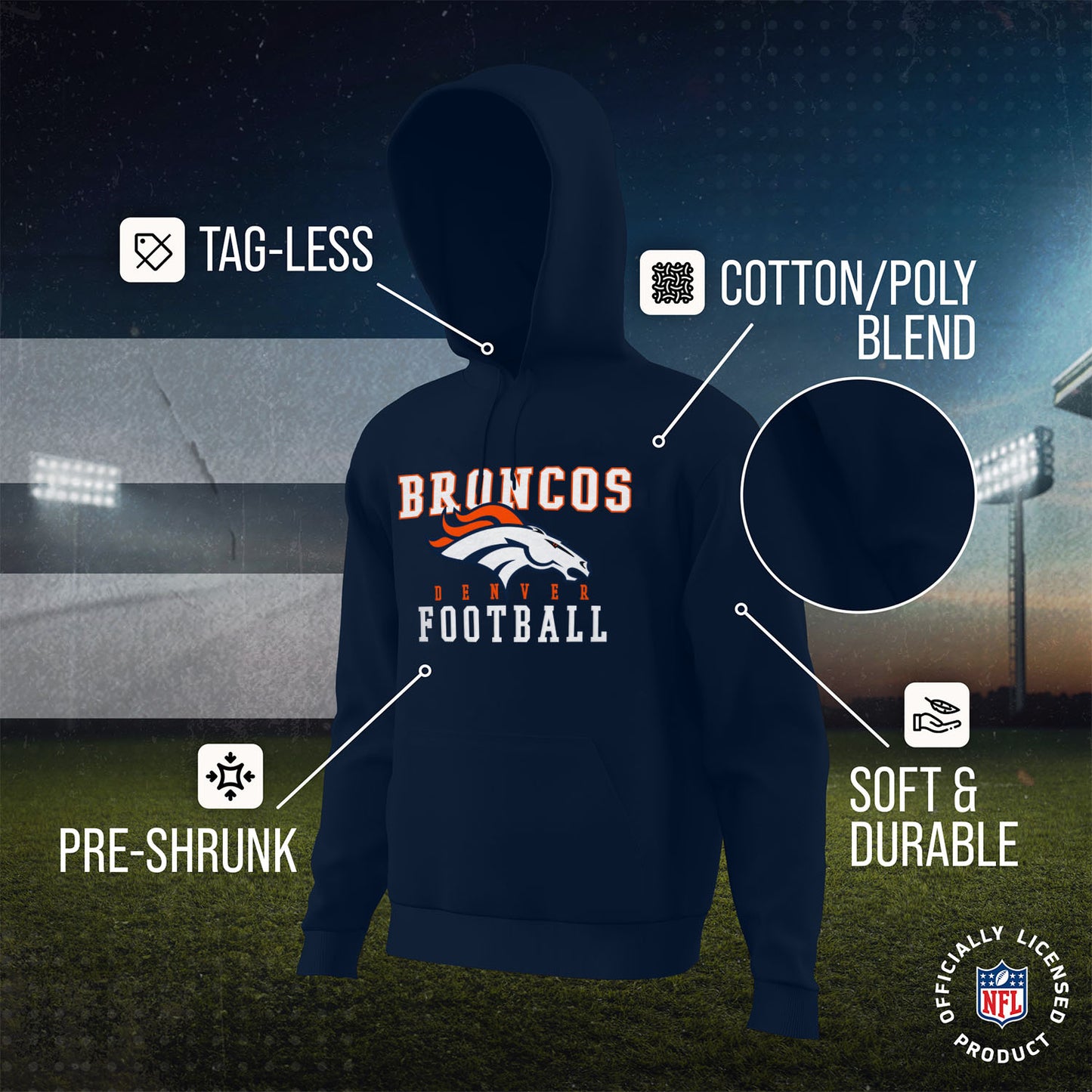 Denver Broncos NFL Core Fan Adult Hooded Sweatshirt - Navy