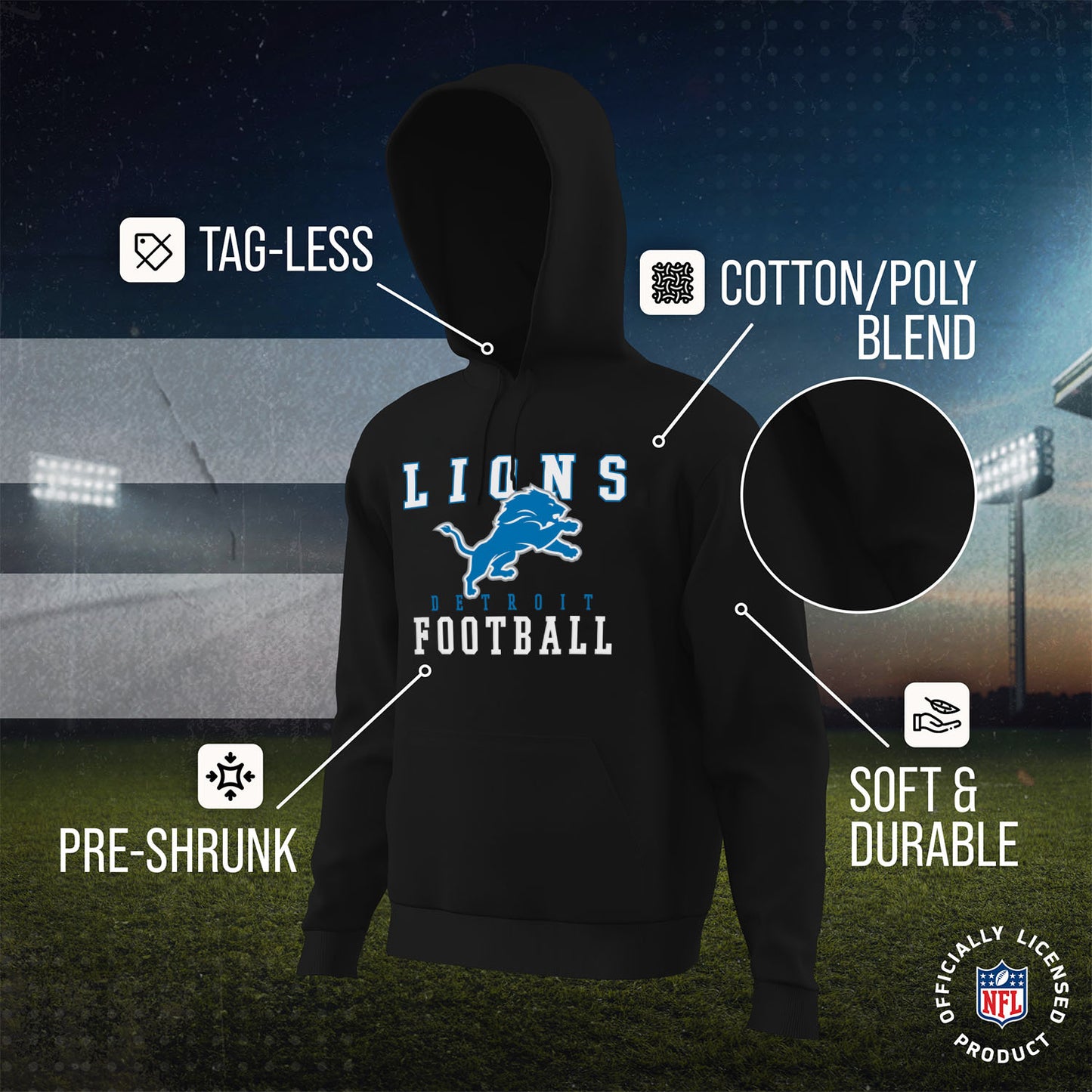 Detroit Lions NFL Core Fan Adult Hooded Sweatshirt - Black