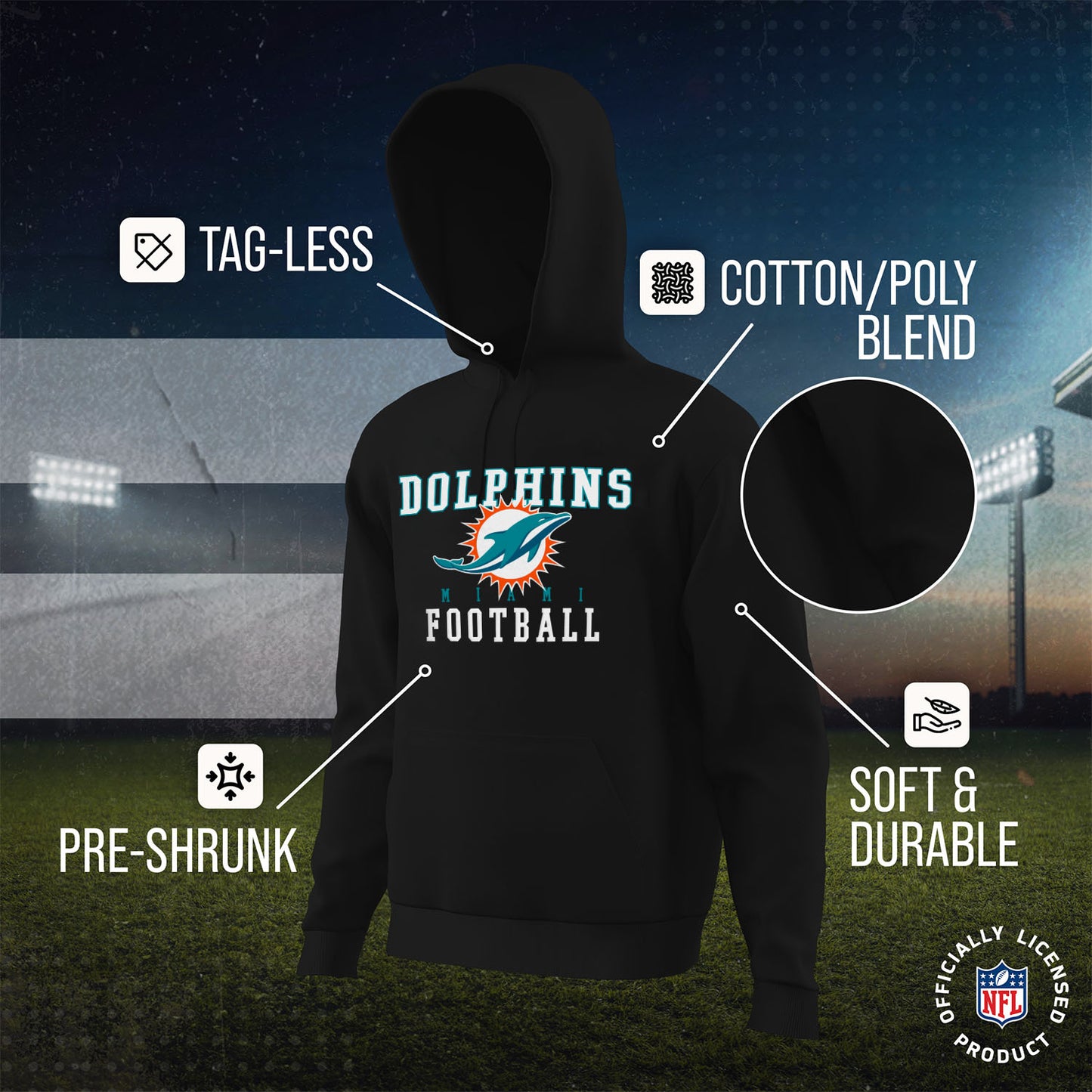 Miami Dolphins NFL Core Fan Adult Hooded Sweatshirt - Black