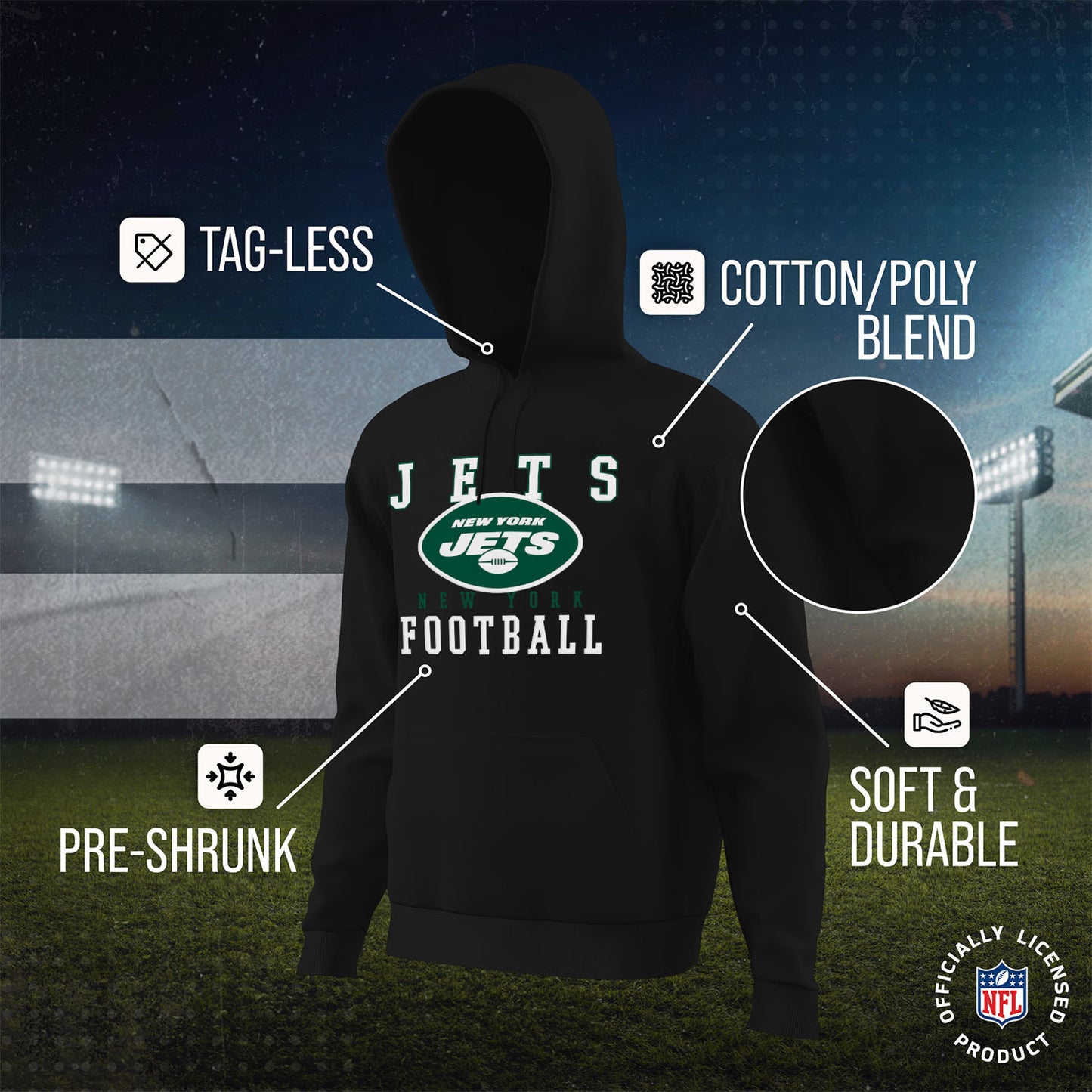 New York Jets NFL Core Fan Adult Hooded Sweatshirt - Black