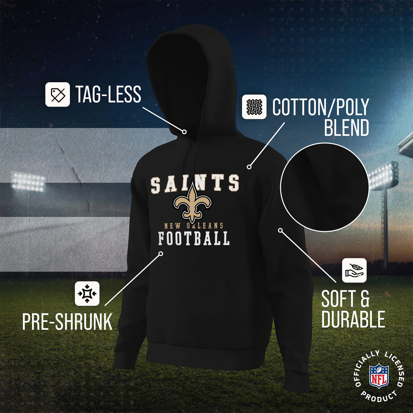 New Orleans Saints NFL Core Fan Adult Hooded Sweatshirt - Black