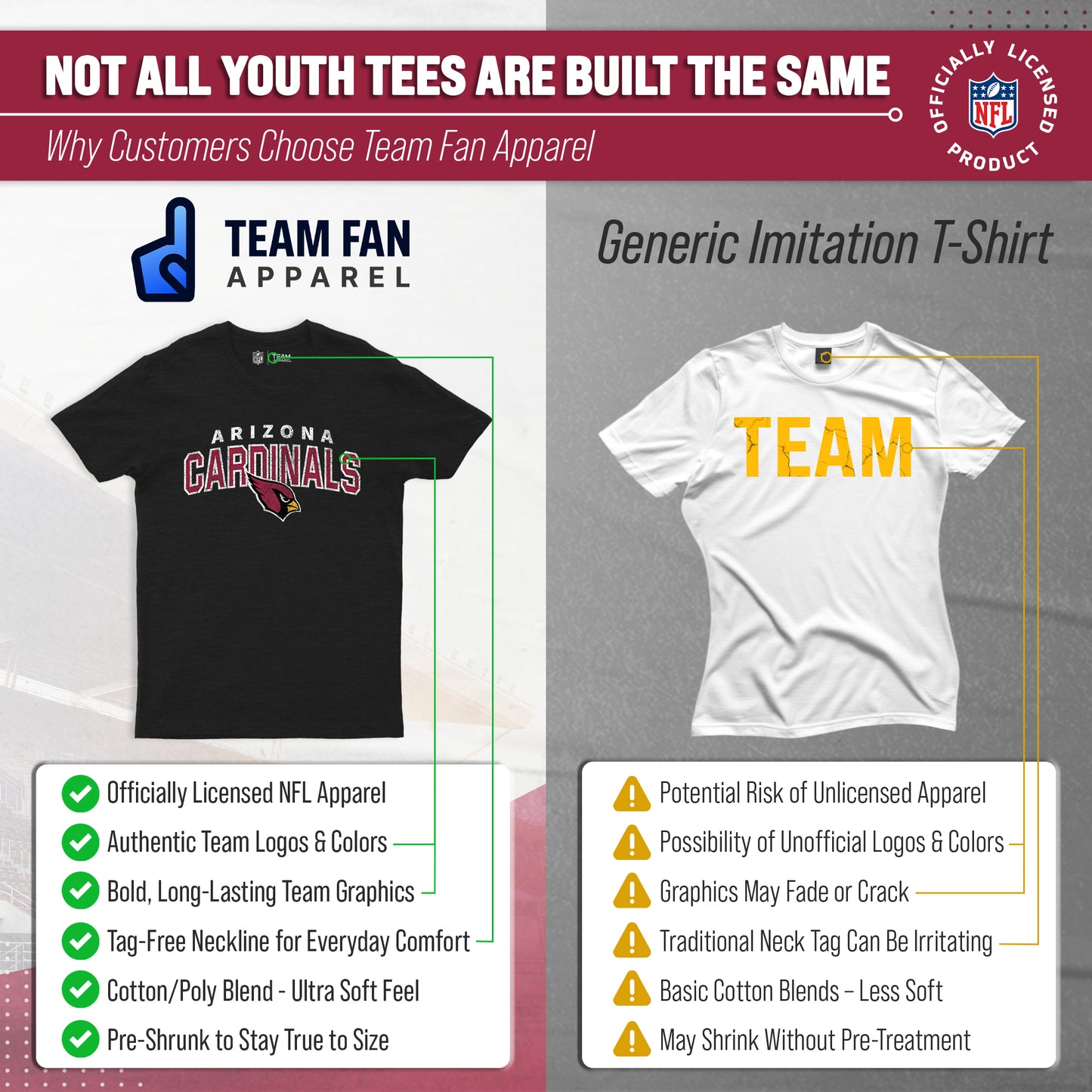 Arizona Cardinals NFL Youth Starting Fresh Tee- Pro Football Tag-Less T-Shirt For Boys & Girls - Black