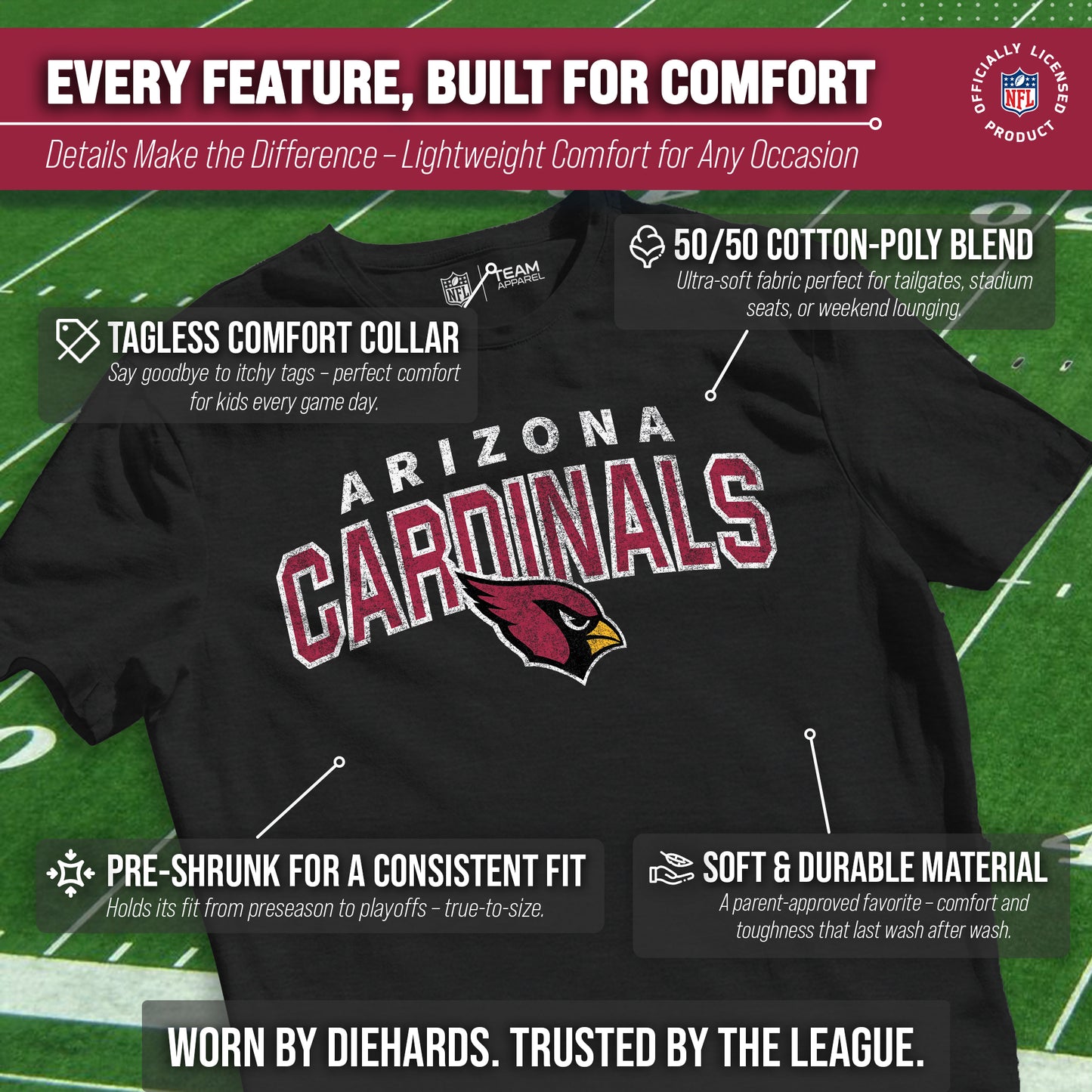 Arizona Cardinals NFL Youth Starting Fresh Tee- Pro Football Tag-Less T-Shirt For Boys & Girls - Black