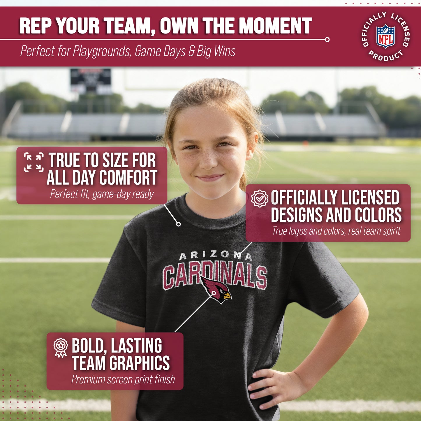 Arizona Cardinals NFL Youth Starting Fresh Tee- Pro Football Tag-Less T-Shirt For Boys & Girls - Black