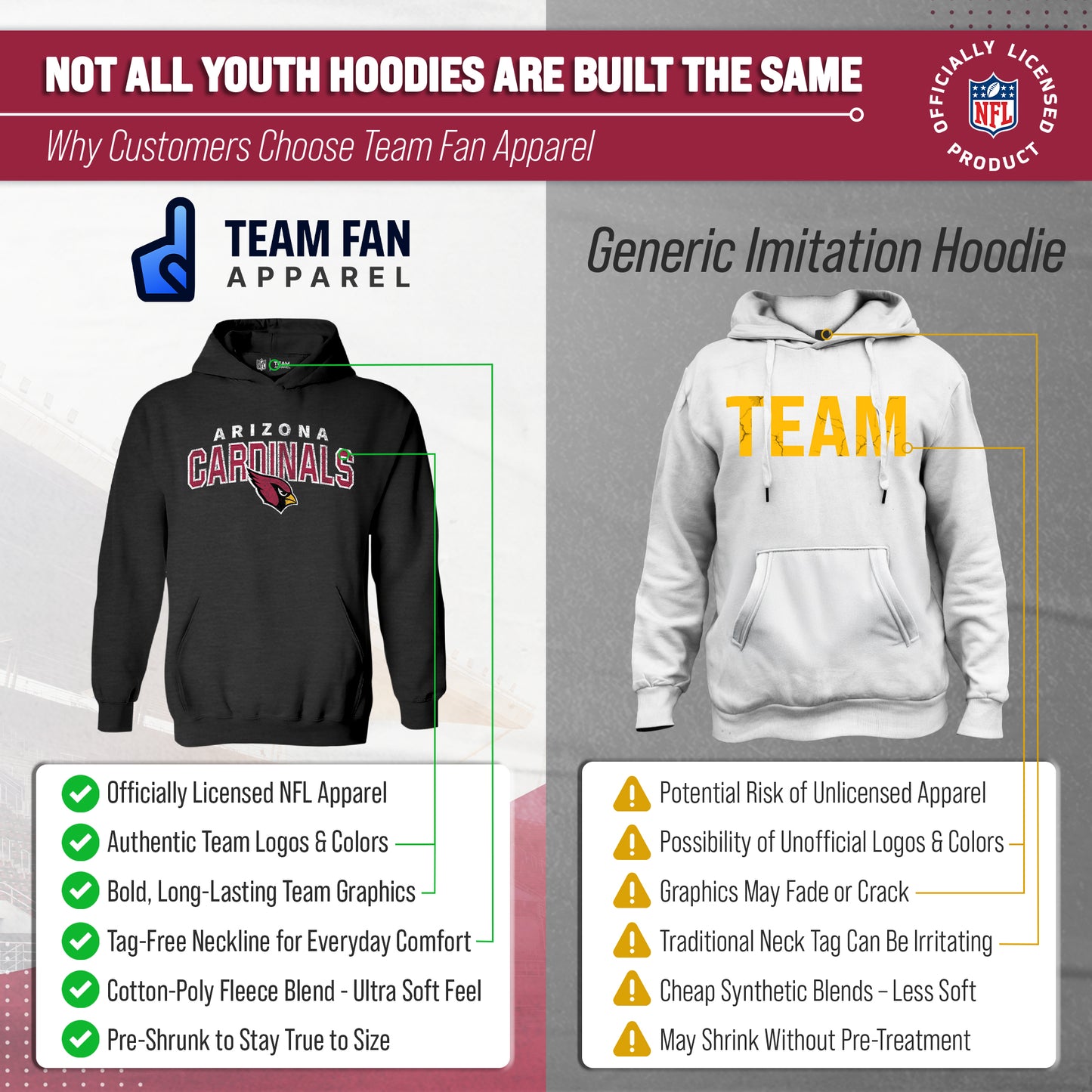 Arizona Cardinals NFL Youth Starting Fresh Hoodie- Pro Football Sweatshirt for Boys and Girls - Black