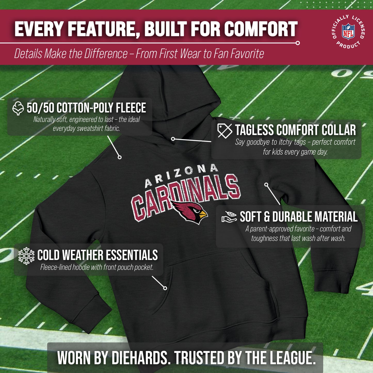 Arizona Cardinals NFL Youth Starting Fresh Hoodie- Pro Football Sweatshirt for Boys and Girls - Black