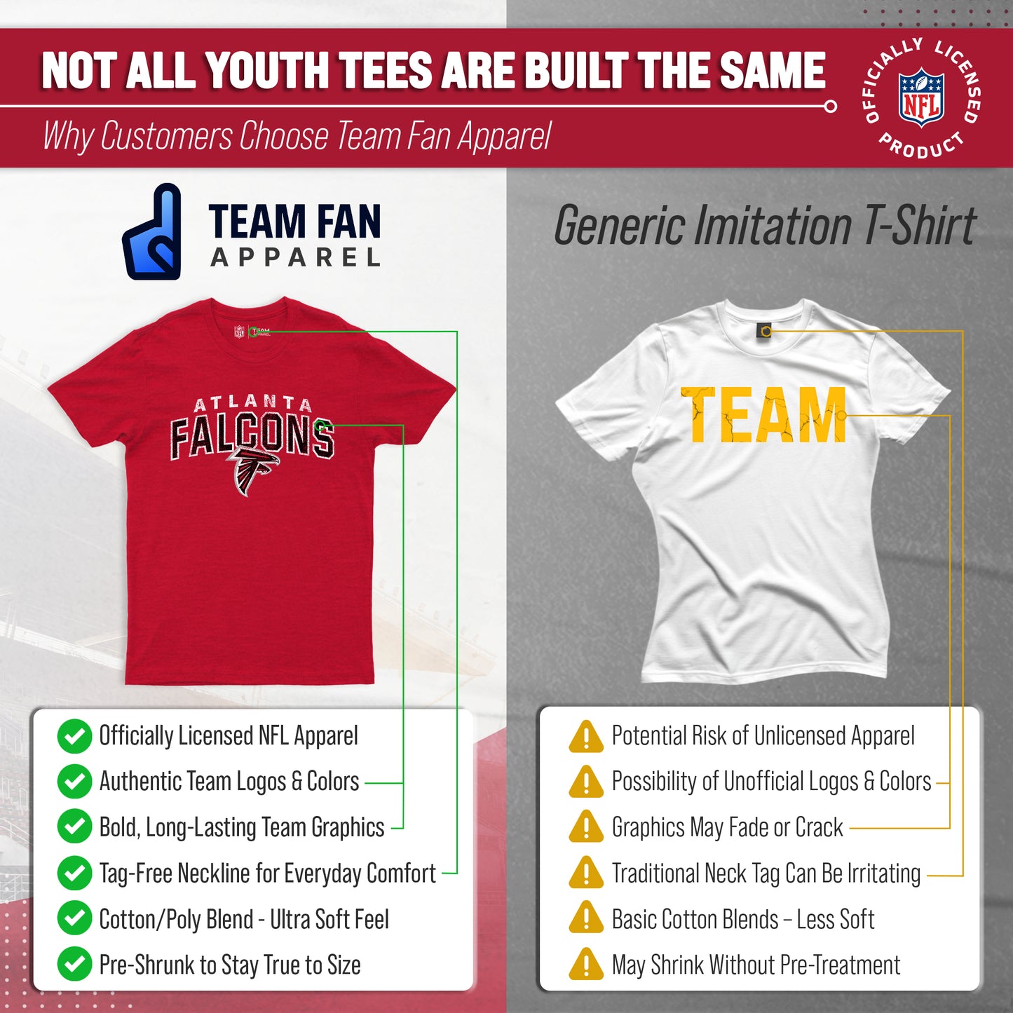 Atlanta Falcons NFL Youth Starting Fresh Tee- Pro Football Tag-Less T-Shirt For Boys & Girls - Red