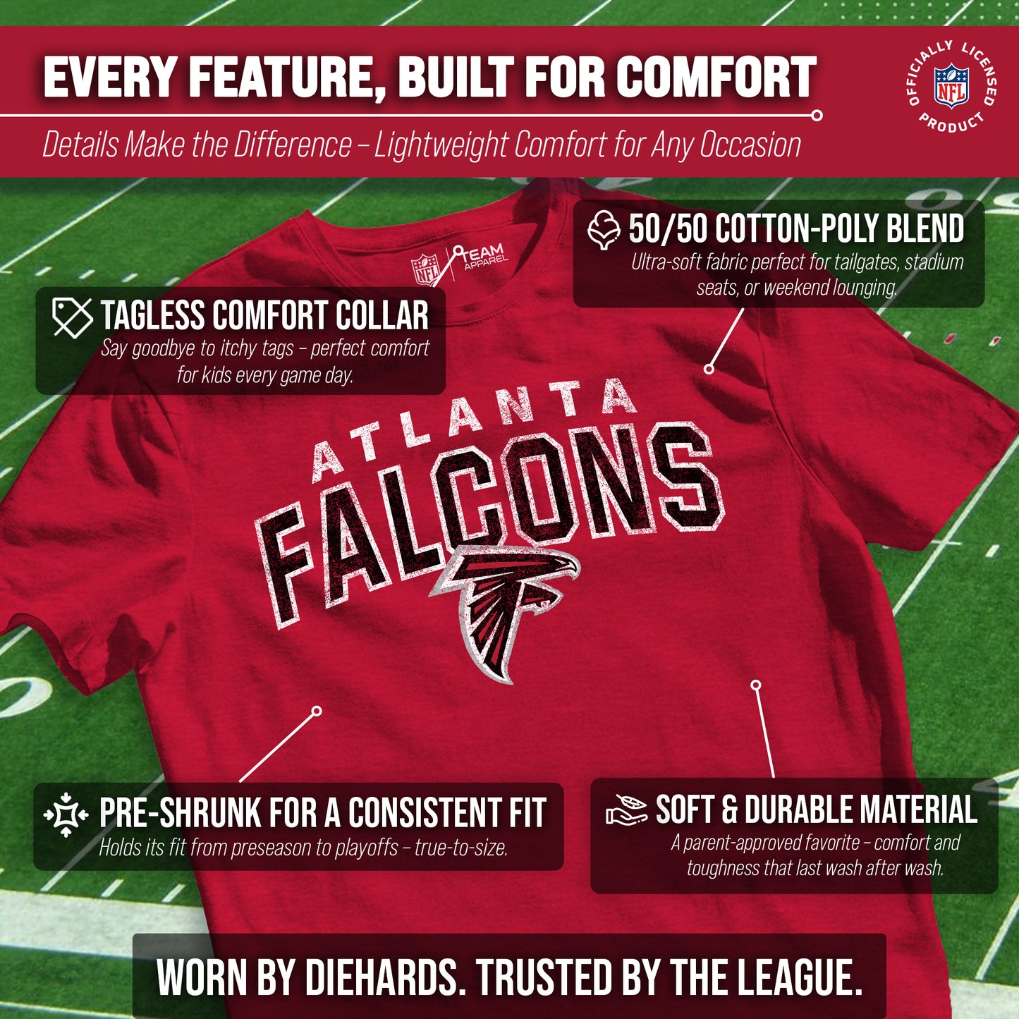 Atlanta Falcons NFL Youth Starting Fresh Tee- Pro Football Tag-Less T-Shirt For Boys & Girls - Red