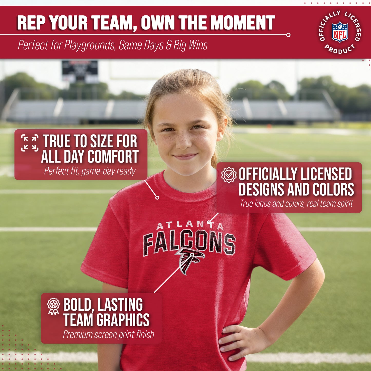 Atlanta Falcons NFL Youth Starting Fresh Tee- Pro Football Tag-Less T-Shirt For Boys & Girls - Red