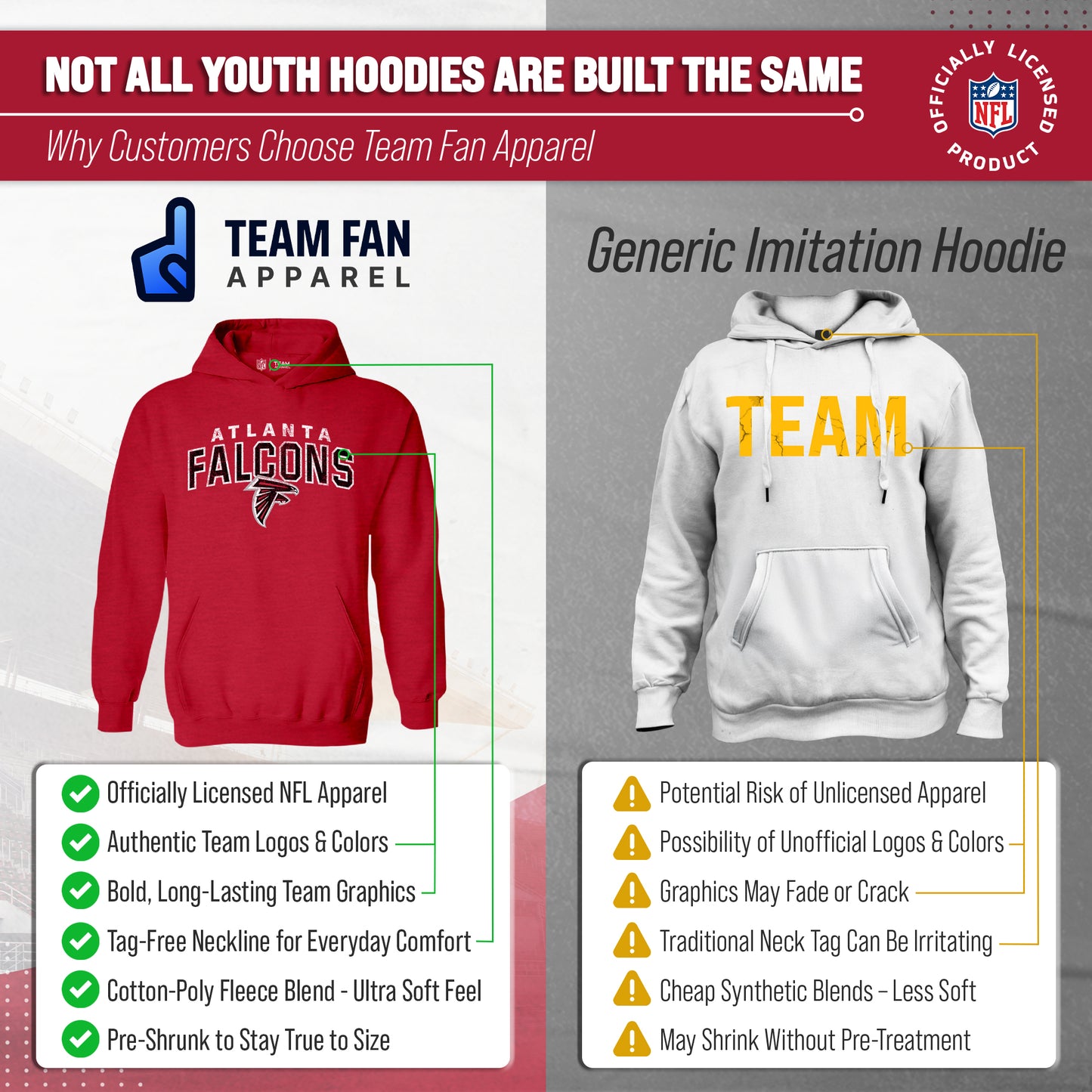 Atlanta Falcons NFL Youth Starting Fresh Hoodie- Pro Football Sweatshirt for Boys and Girls - Red