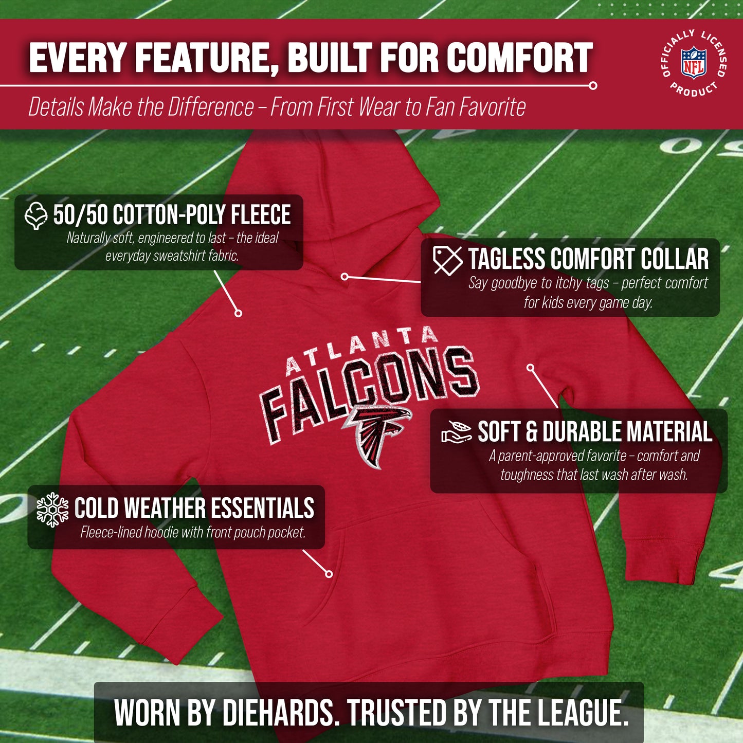 Atlanta Falcons NFL Youth Starting Fresh Hoodie- Pro Football Sweatshirt for Boys and Girls - Red