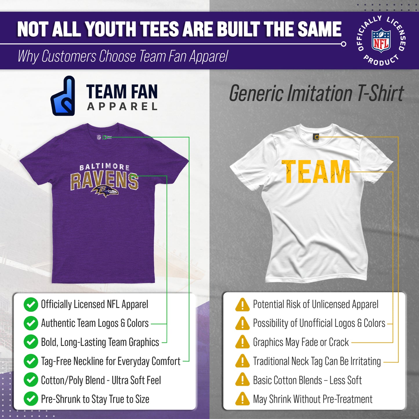 Baltimore Ravens NFL Youth Starting Fresh Tee- Pro Football Tag-Less T-Shirt For Boys & Girls - Purple