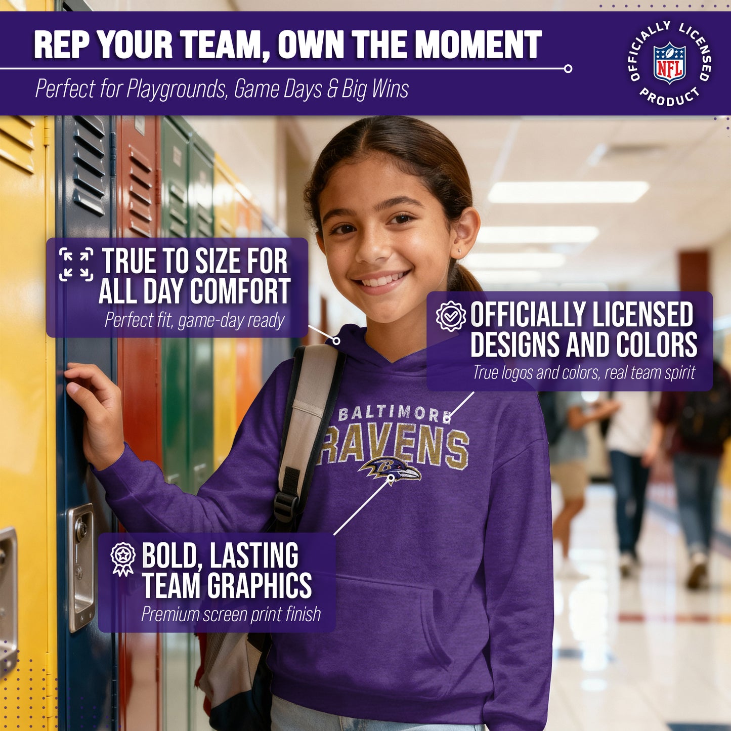 Baltimore Ravens NFL Youth Starting Fresh Hoodie- Pro Football Sweatshirt for Boys and Girls - Purple