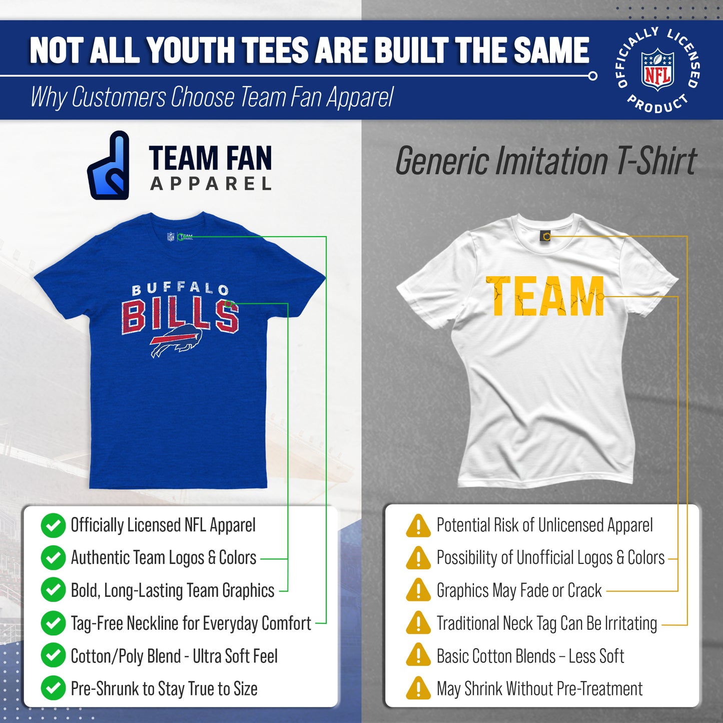 Buffalo Bills NFL Youth Starting Fresh Tee- Pro Football Tag-Less T-Shirt For Boys & Girls - Royal