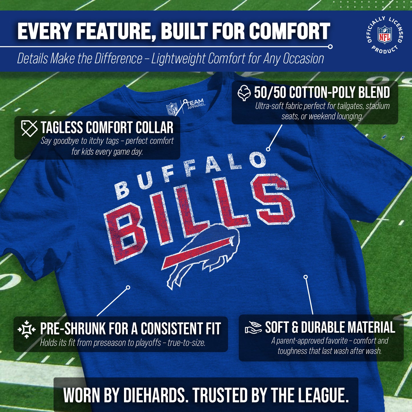 Buffalo Bills NFL Youth Starting Fresh Tee- Pro Football Tag-Less T-Shirt For Boys & Girls - Royal