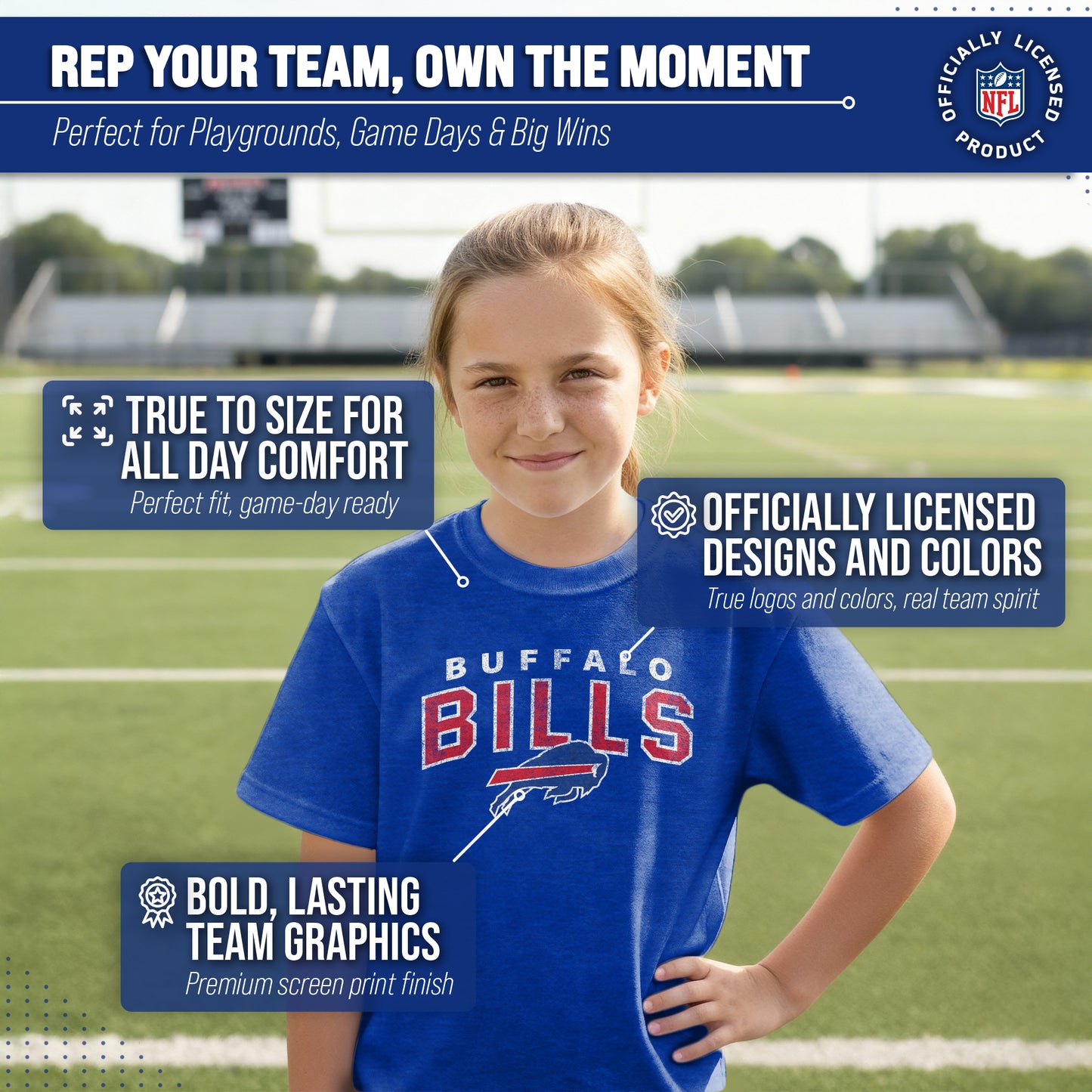 Buffalo Bills NFL Youth Starting Fresh Tee- Pro Football Tag-Less T-Shirt For Boys & Girls - Royal