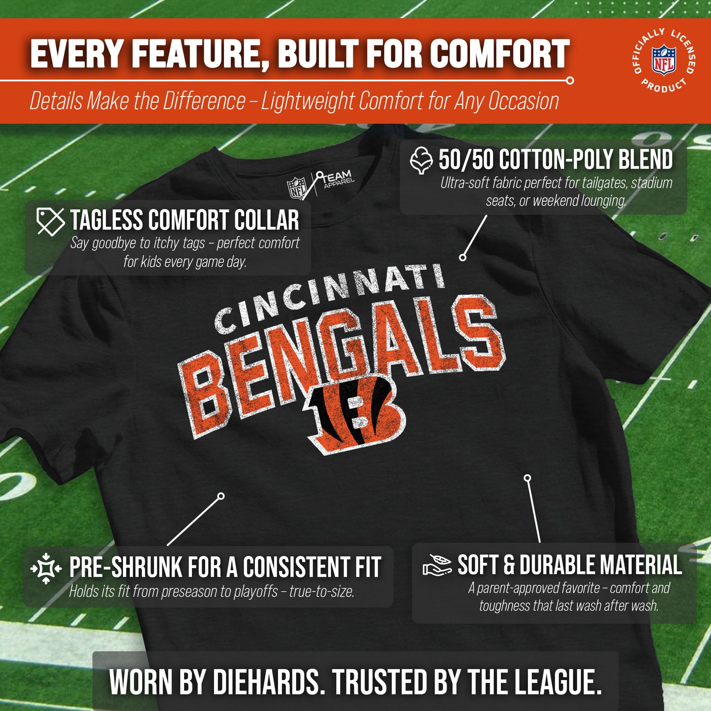Cincinnati Bengals NFL Youth Starting Fresh Tee- Pro Football Tag-Less T-Shirt For Boys & Girls - Black