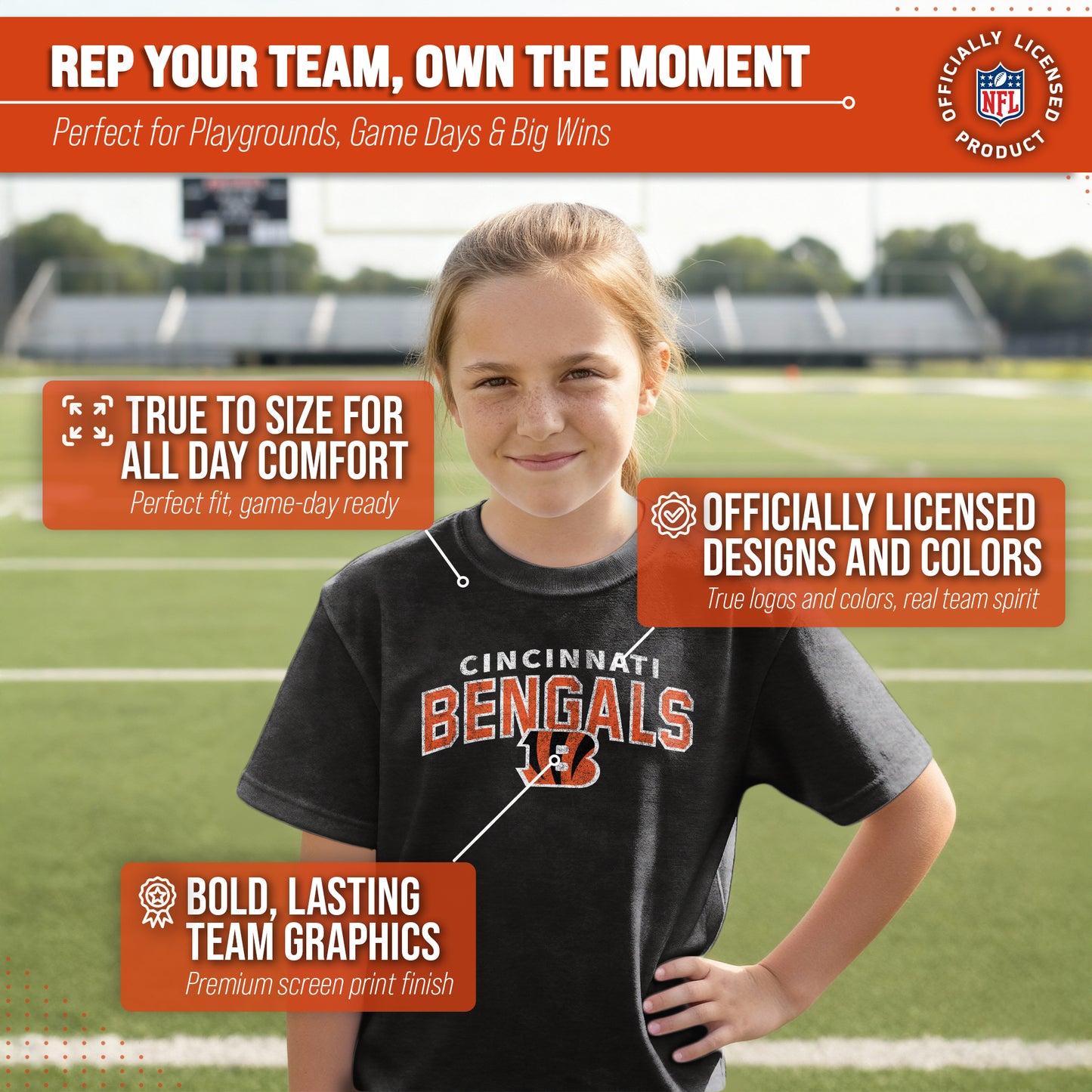 Cincinnati Bengals NFL Youth Starting Fresh Tee- Pro Football Tag-Less T-Shirt For Boys & Girls - Black