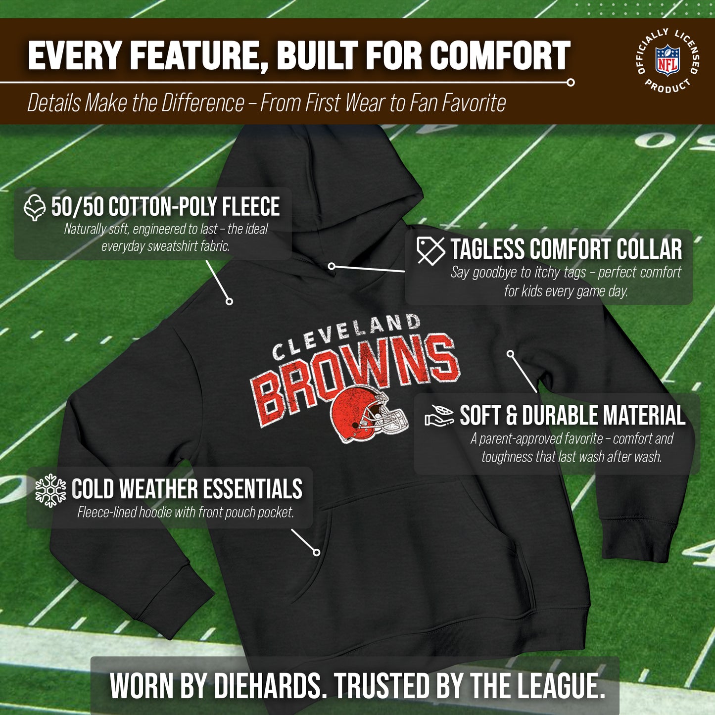 Cleveland Browns NFL Youth Starting Fresh Hoodie- Pro Football Sweatshirt for Boys and Girls - Black