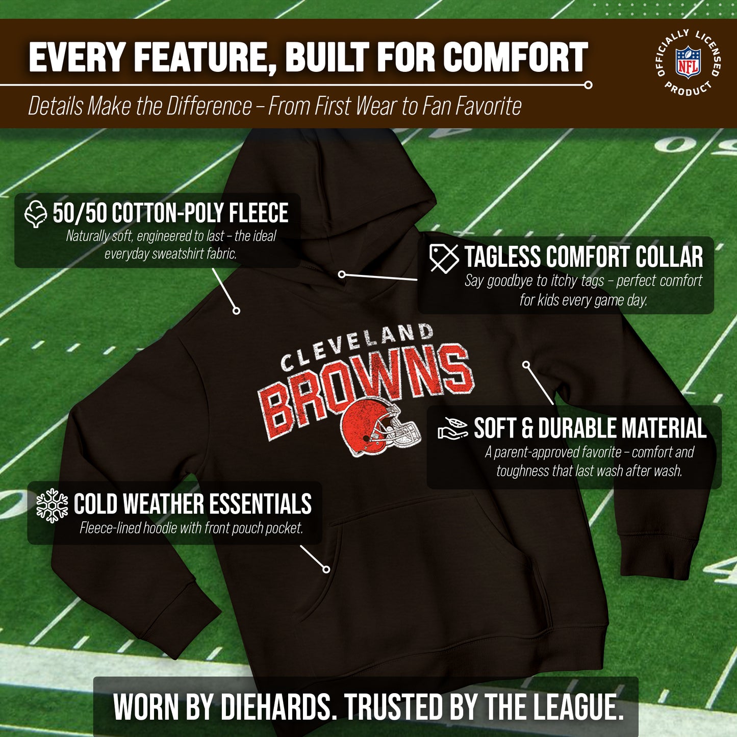 Cleveland Browns NFL Youth Starting Fresh Hoodie- Pro Football Sweatshirt for Boys and Girls - Black Heather
