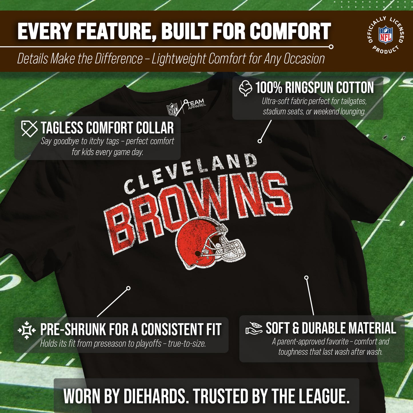 Cleveland Browns NFL Youth Starting Fresh Tee- Pro Football Heather T-Shirt For Boys & Girls - Black