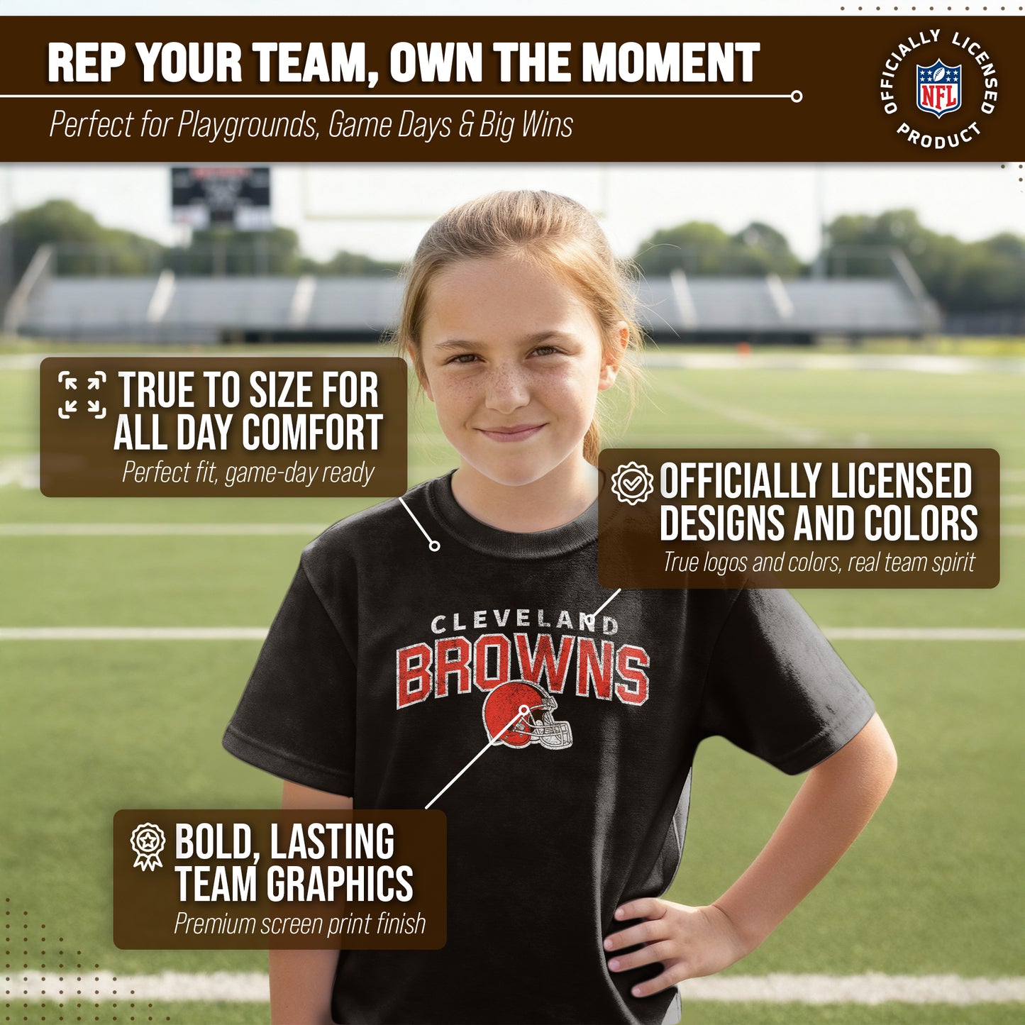 Cleveland Browns NFL Youth Starting Fresh Tee- Pro Football Heather T-Shirt For Boys & Girls - Black