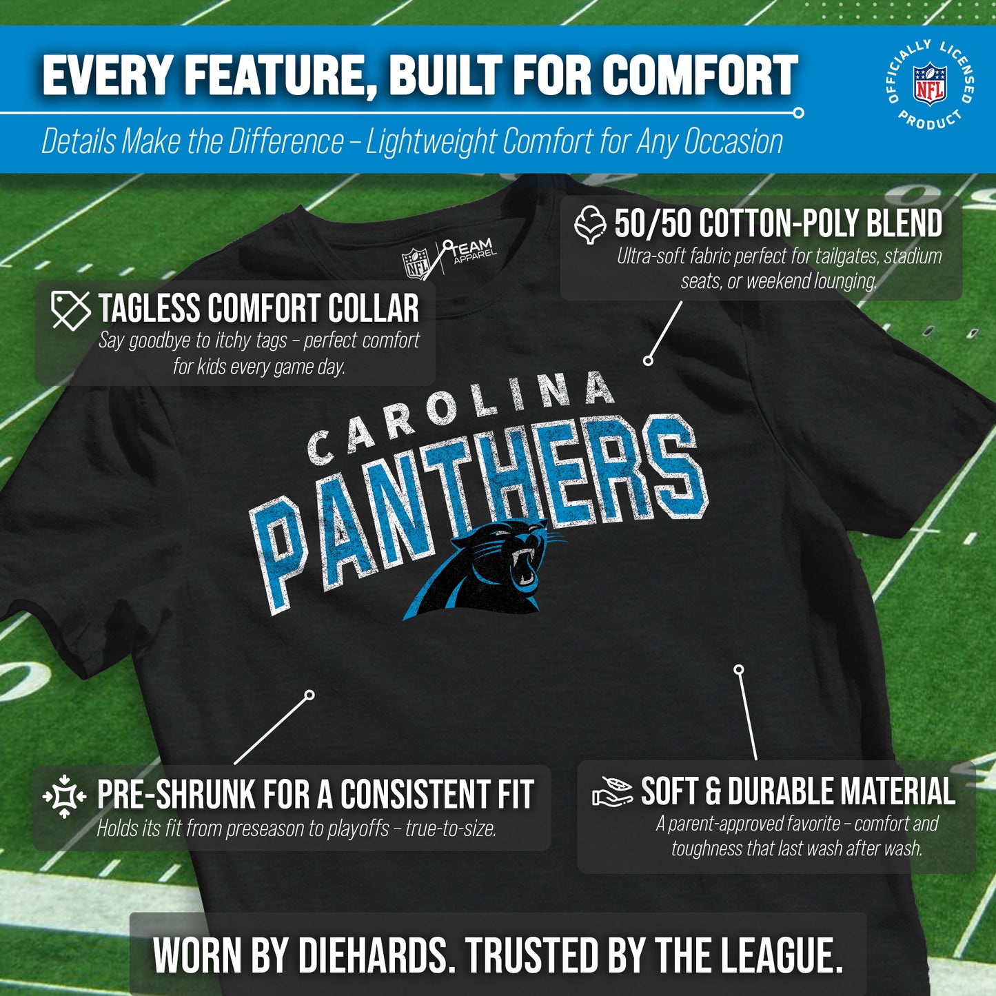 Carolina Panthers NFL Youth Starting Fresh Tee- Pro Football Tag-Less T-Shirt For Boys & Girls - Black