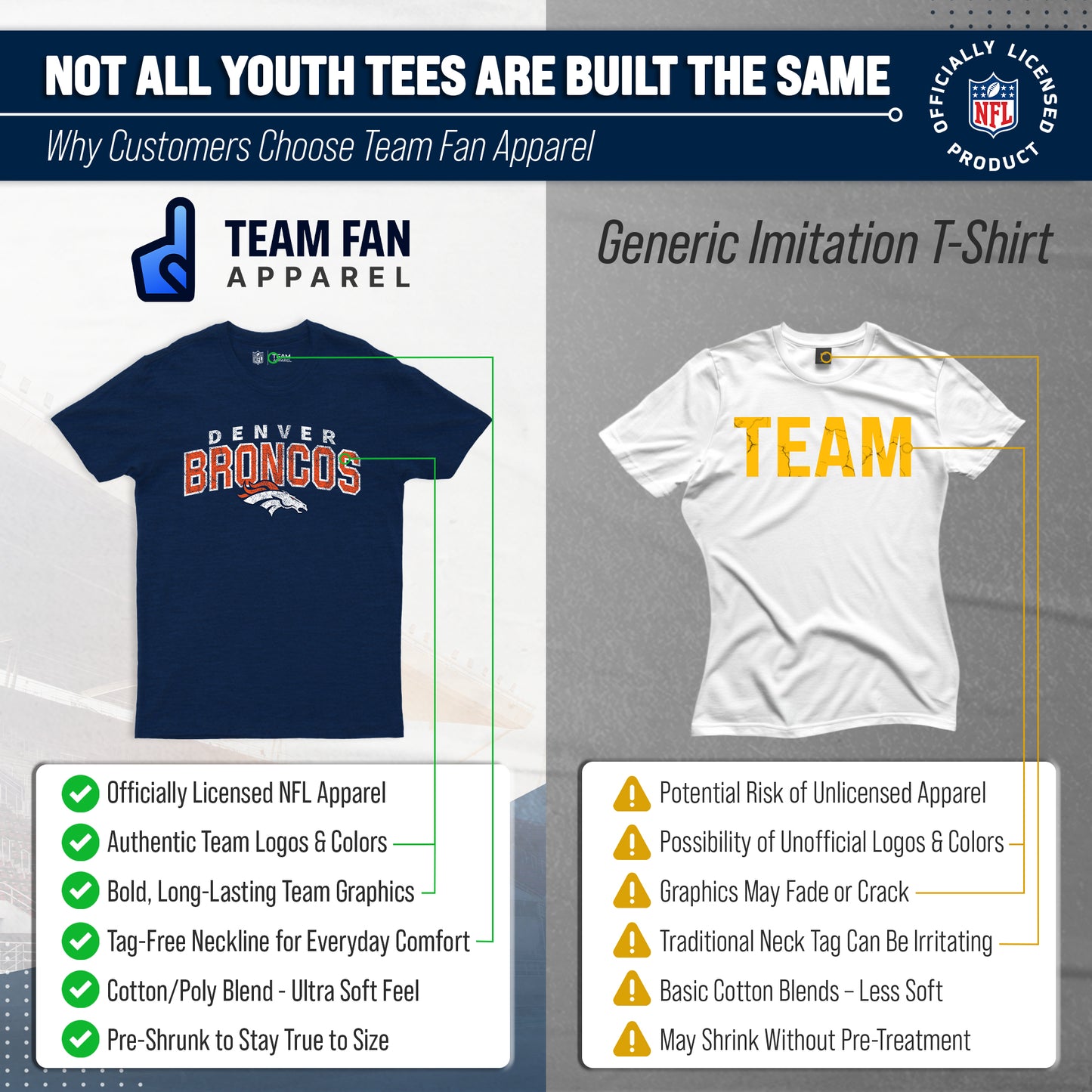 Denver Broncos NFL Youth Starting Fresh Tee- Pro Football Tag-Less T-Shirt For Boys & Girls - Navy