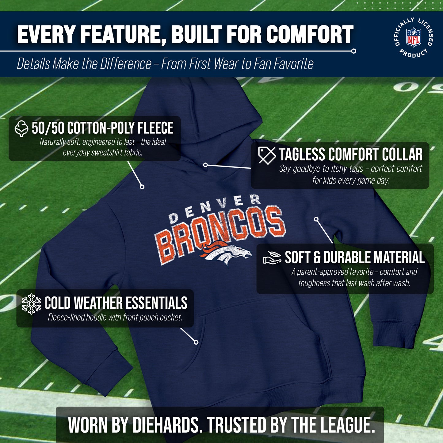 Denver Broncos NFL Youth Starting Fresh Hoodie- Pro Football Sweatshirt for Boys and Girls - Navy