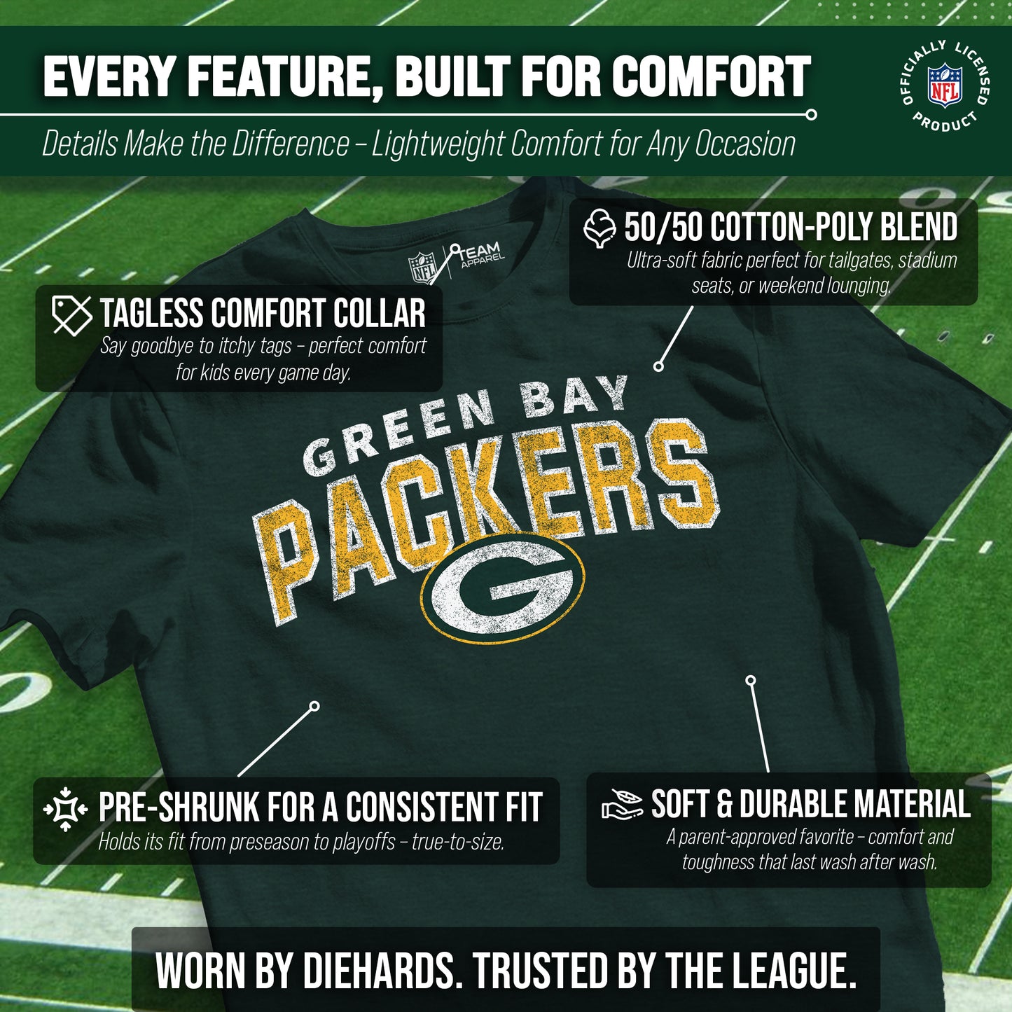 Green Bay Packers NFL Youth Starting Fresh Tee- Pro Football Tag-Less T-Shirt For Boys & Girls - Green