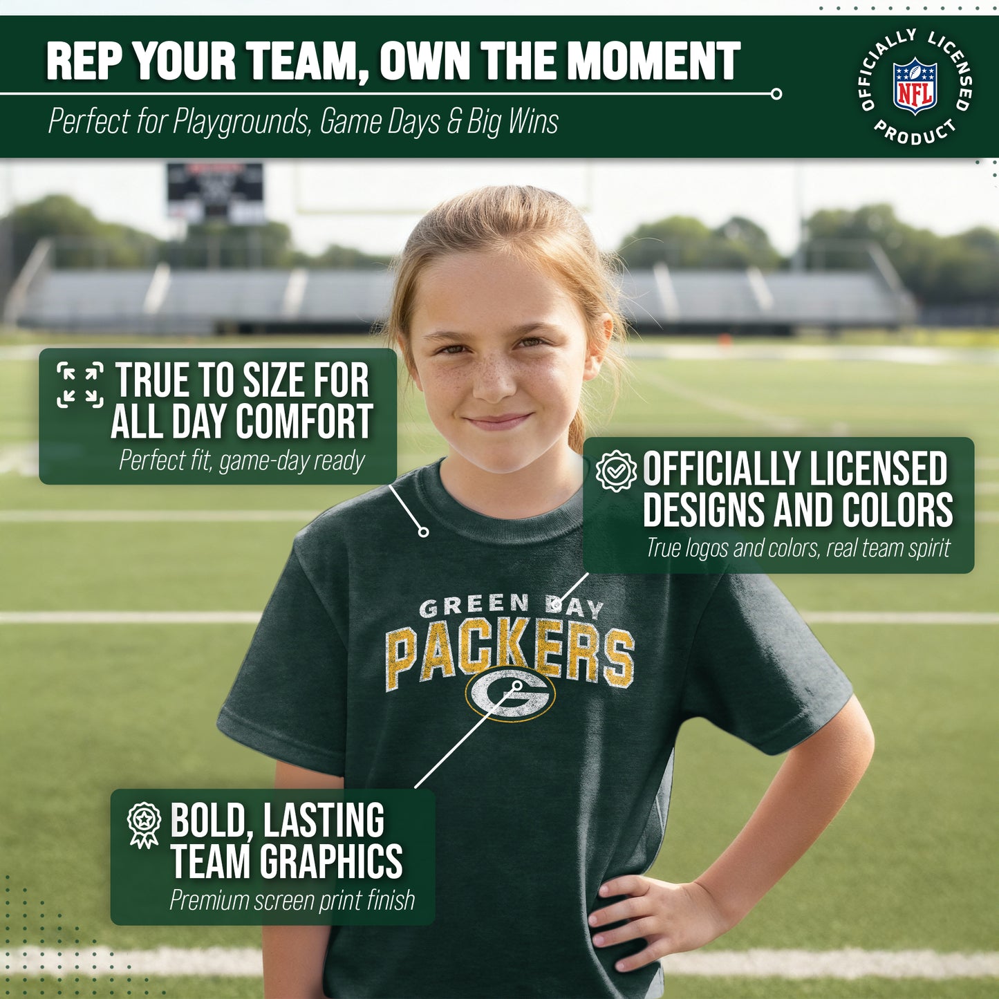 Green Bay Packers NFL Youth Starting Fresh Tee- Pro Football Tag-Less T-Shirt For Boys & Girls - Green