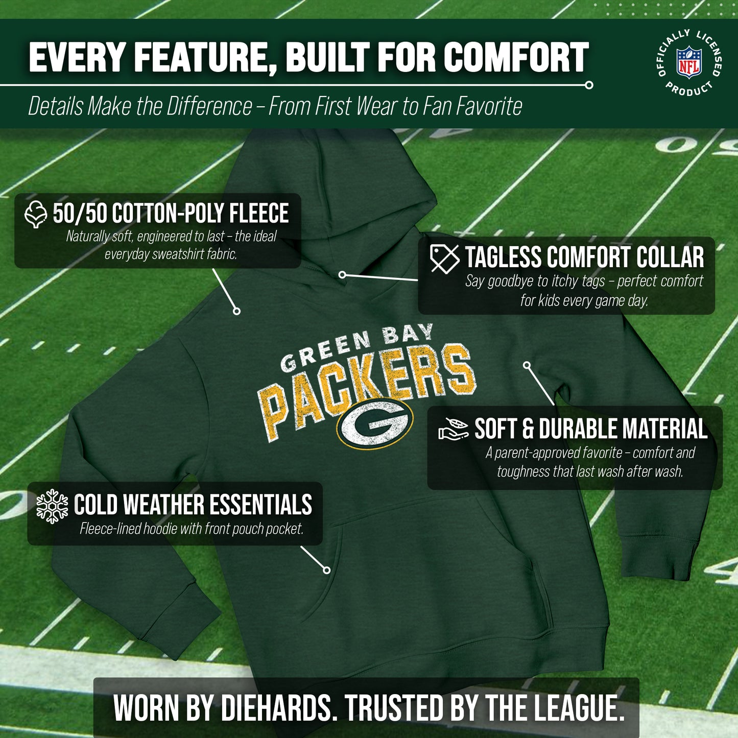 Green Bay Packers NFL Youth Starting Fresh Hoodie- Pro Football Sweatshirt for Boys and Girls - Green