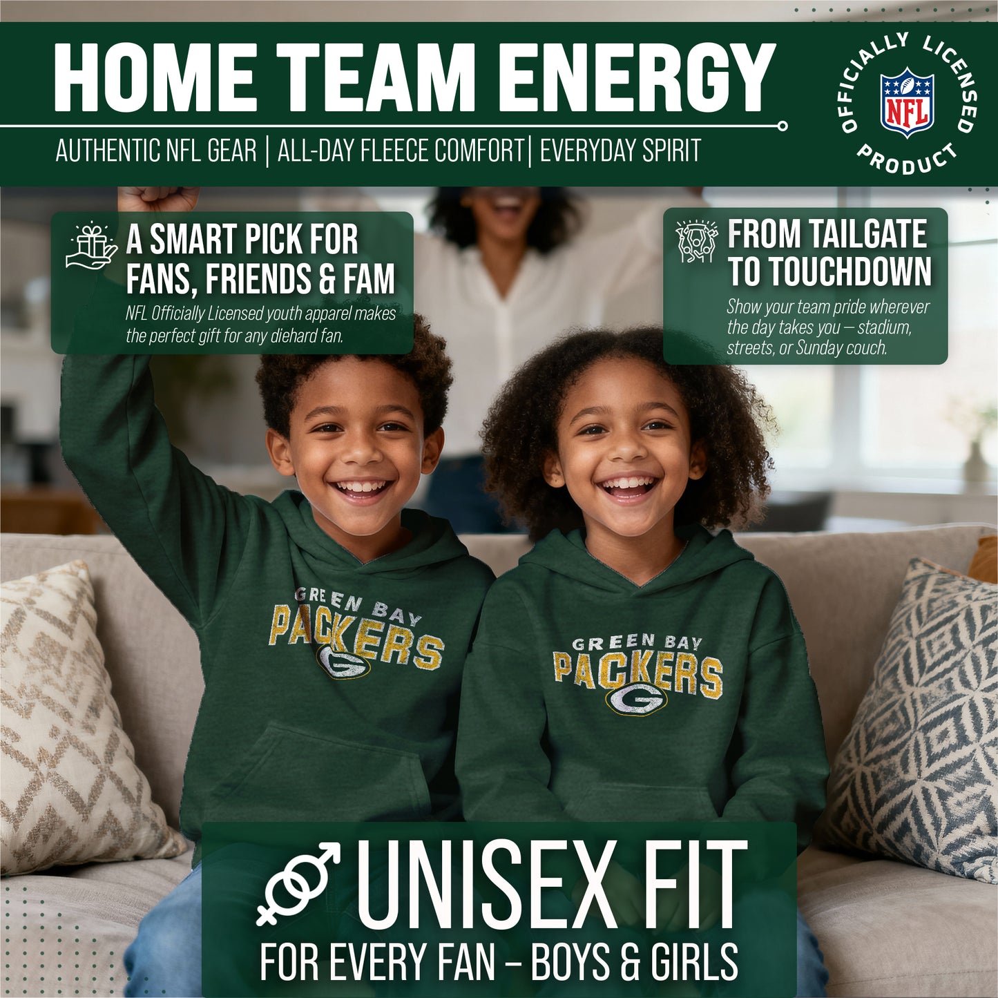 Green Bay Packers NFL Youth Starting Fresh Hoodie- Pro Football Sweatshirt for Boys and Girls - Green