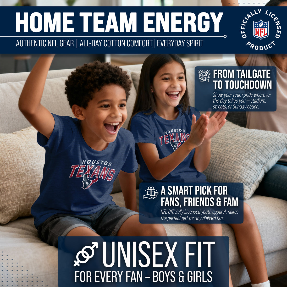 Houston Texans NFL Youth Starting Fresh Tee- Pro Football Tag-Less T-Shirt For Boys & Girls - Navy