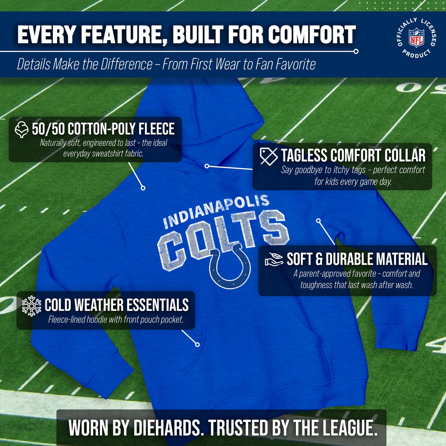 Indianapolis Colts NFL Youth Starting Fresh Hoodie- Pro Football Sweatshirt for Boys and Girls - Royal