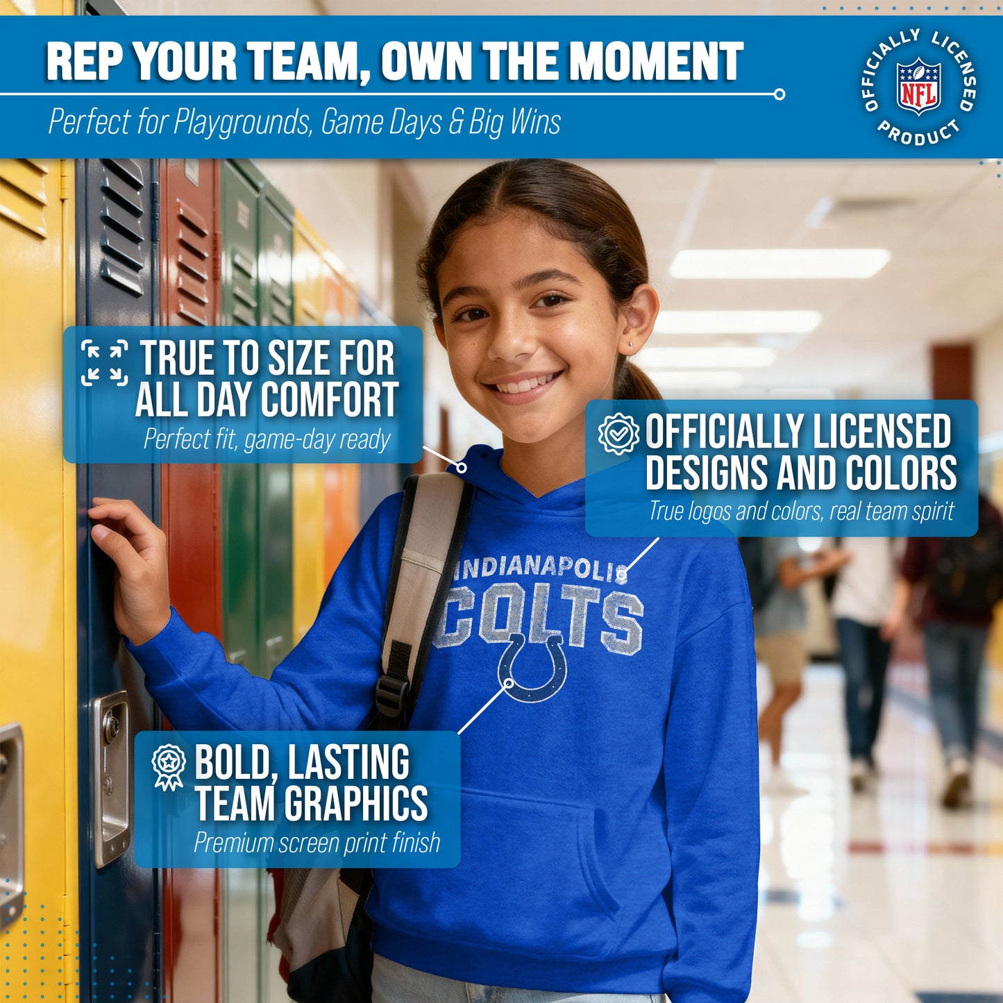 Indianapolis Colts NFL Youth Starting Fresh Hoodie- Pro Football Sweatshirt for Boys and Girls - Royal