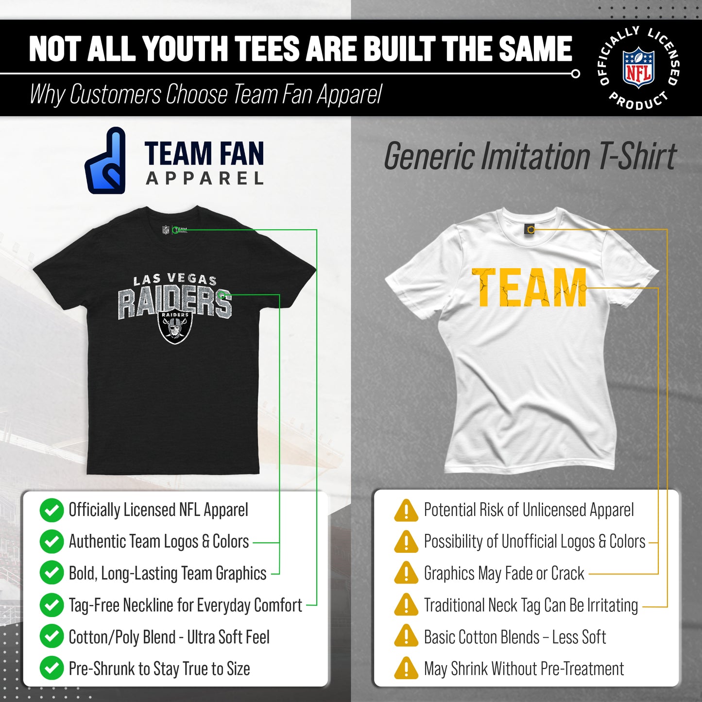 Las Vegas Raiders NFL Youth Starting Fresh Tee- Pro Football Tag-Less T-Shirt For Boys & Girls - Black