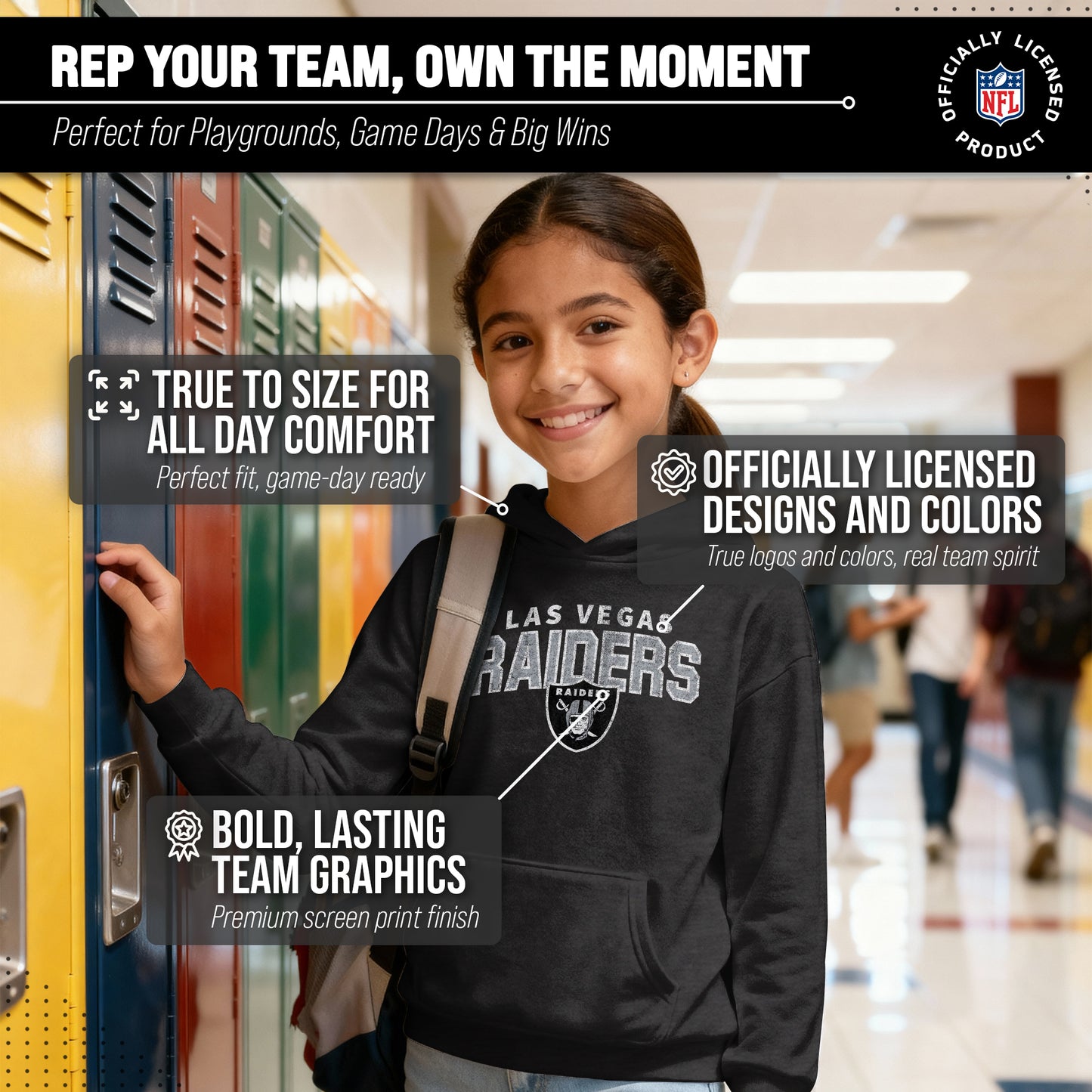 Las Vegas Raiders NFL Youth Starting Fresh Hoodie- Pro Football Sweatshirt for Boys and Girls - Black