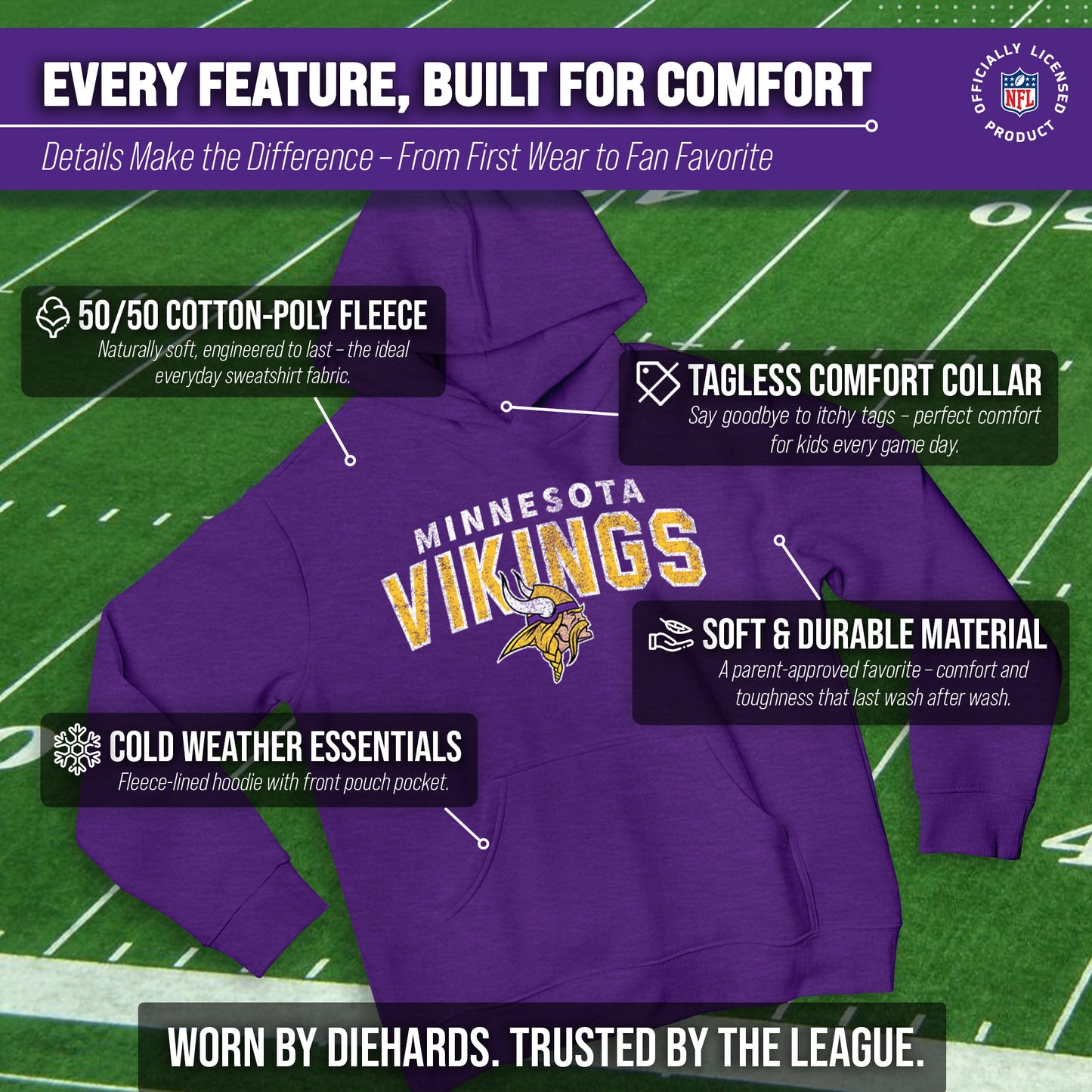 Minnesota Vikings NFL Youth Starting Fresh Hoodie- Pro Football Sweatshirt for Boys and Girls - Purple