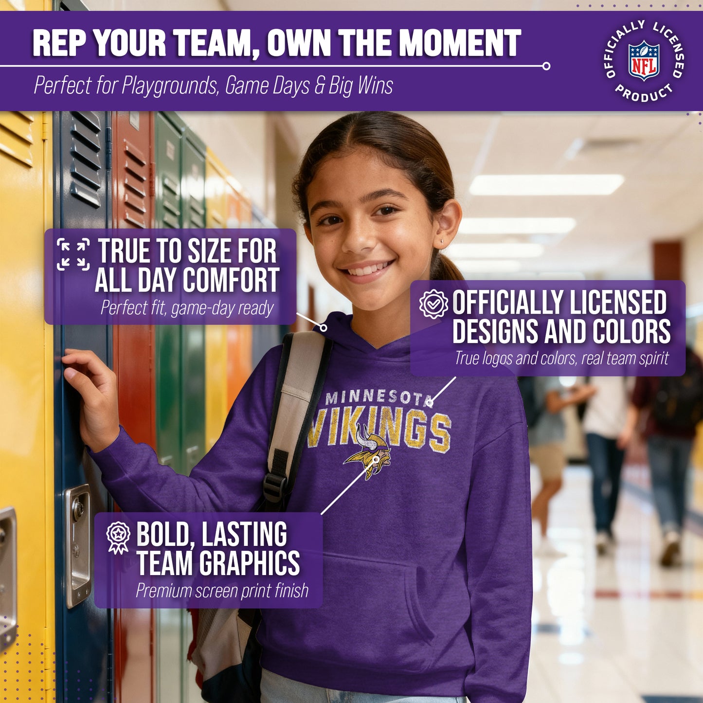 Minnesota Vikings NFL Youth Starting Fresh Hoodie- Pro Football Sweatshirt for Boys and Girls - Purple